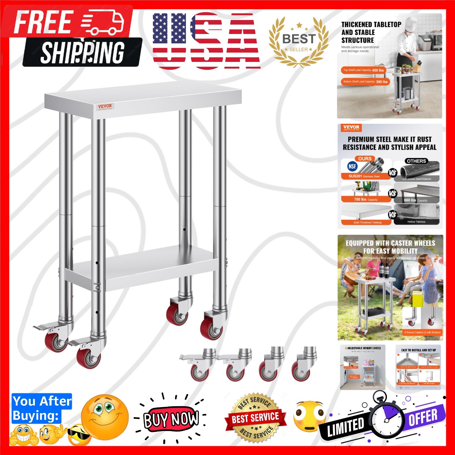 Stainless Steel Work Table with Wheels 24 x 12 x 32 Inch Prep Table with 4 Ca…