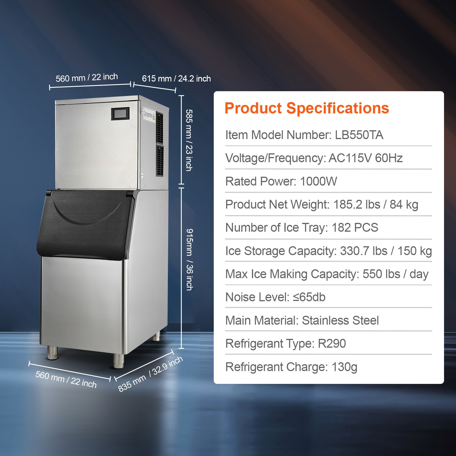 550LBS/24H Commercial Ice Maker 330.7LBS Storage Bin Auto Self-Cleaning