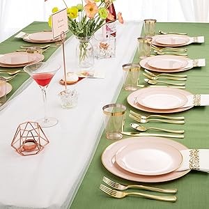 210Pcs Plastic Pink Plates with Gold Plastic Silverware Set Include 30Pink