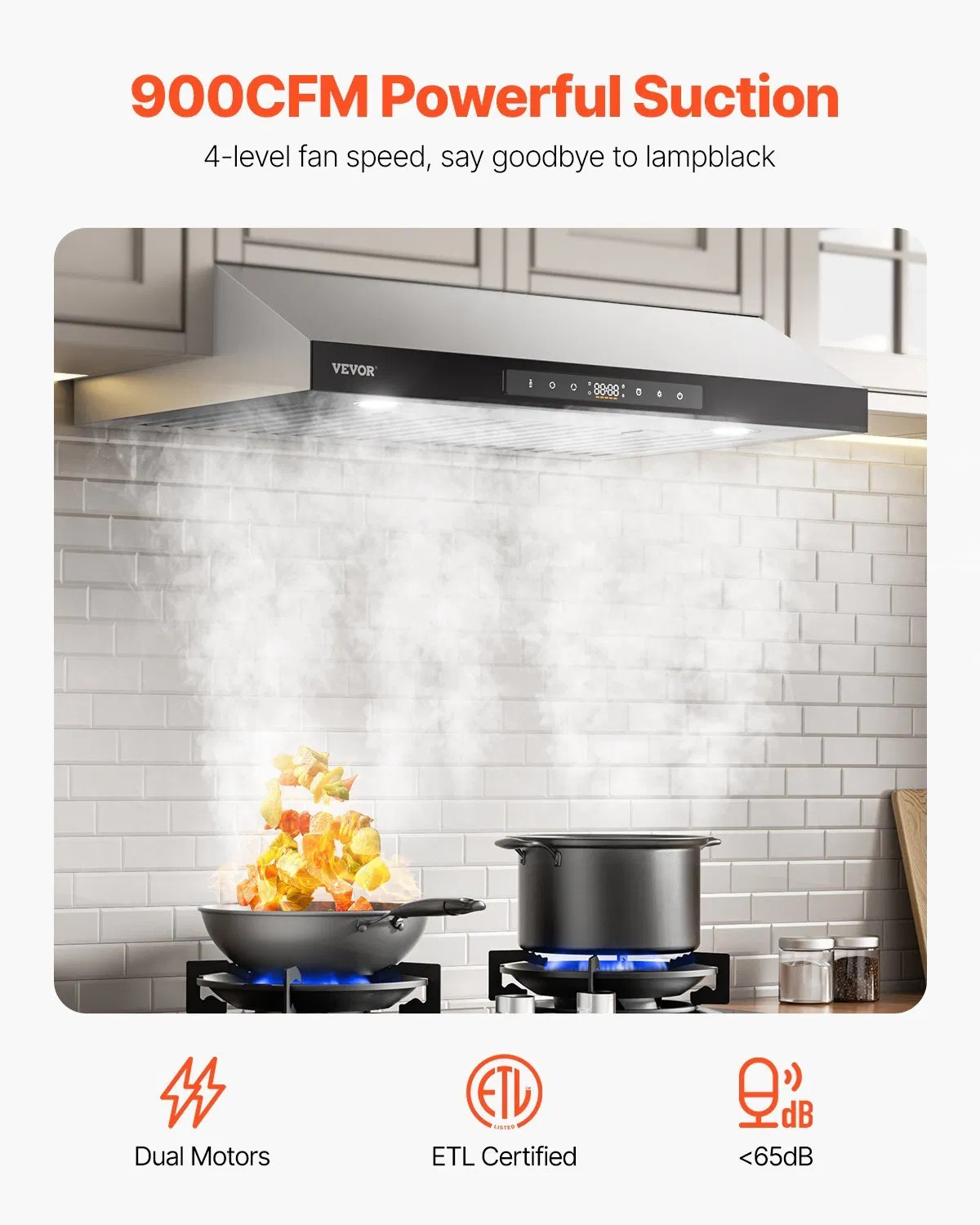 Under Cabinet Range Hood, 30 Inch Kitchen Vent Hood, 900CFM Dual Motors Stainles
