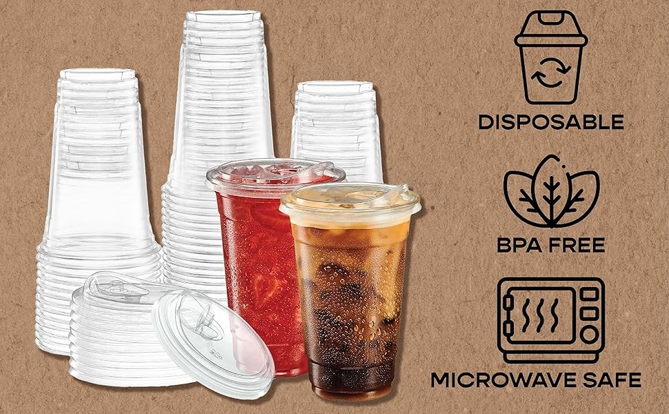 Crystal Clear PET Cups With Flat lids for Iced Coffee (32 oz)