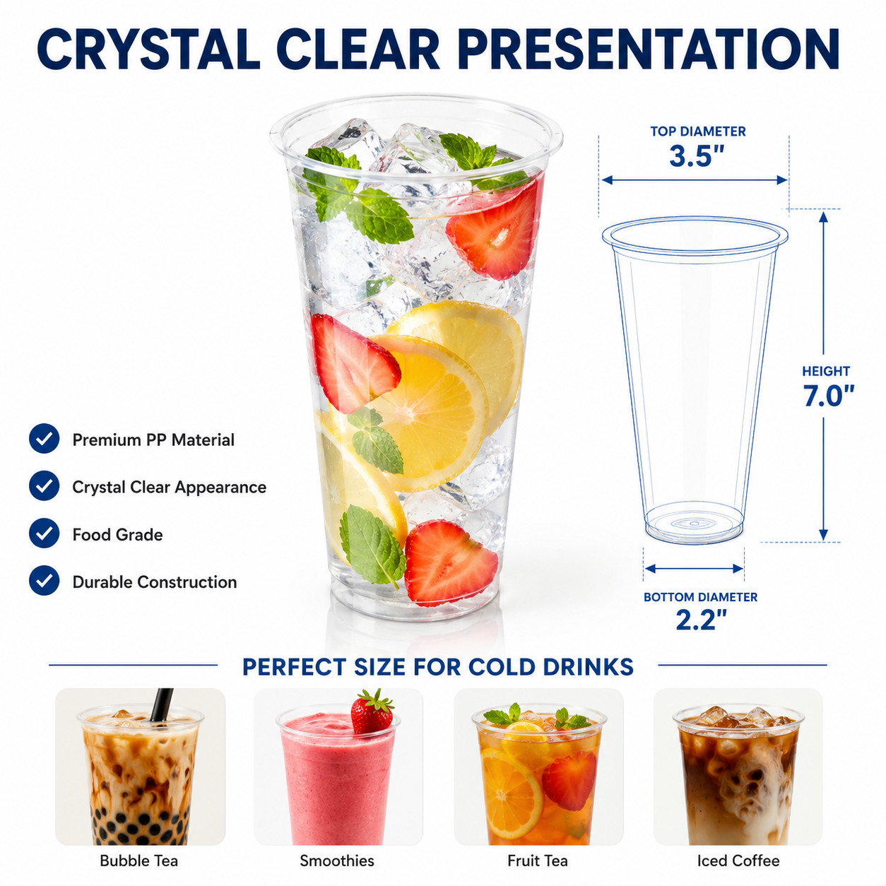 Honey&Milk 24oz Tall PP Plastic Cups 500 Count 90mm Clear Boba Tea Cups C-TPP24C