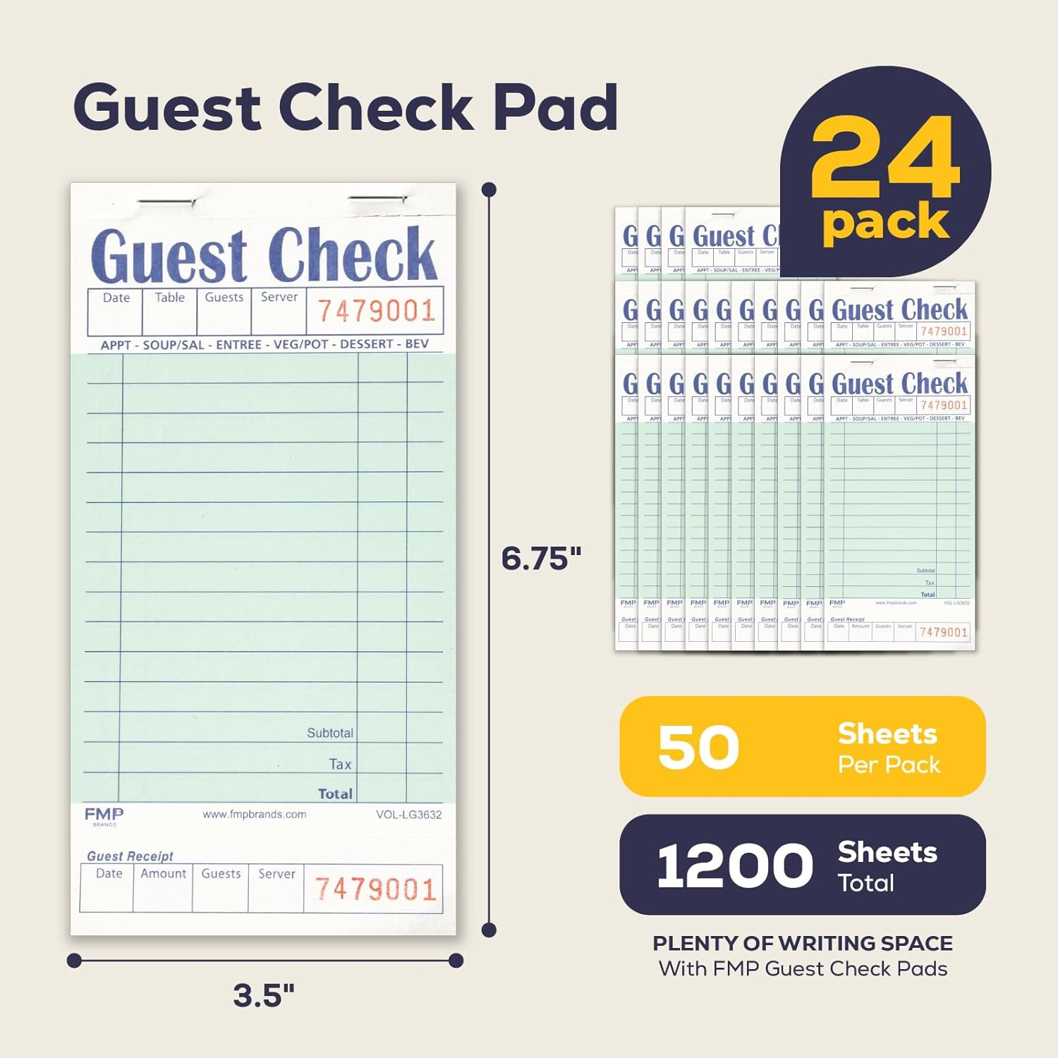 FMP Brands Guest Checks Pads 24 Pack 1200 Orders, Server Note Pads, Light Green
