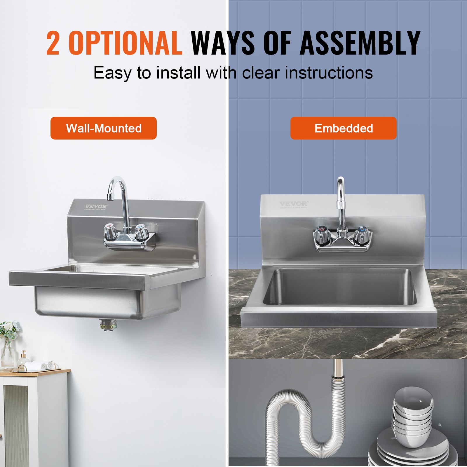 VEVOR 17″x12.8″ Commercial Hand Wash Sink Wall Mount Basin Stainless Steel NSF