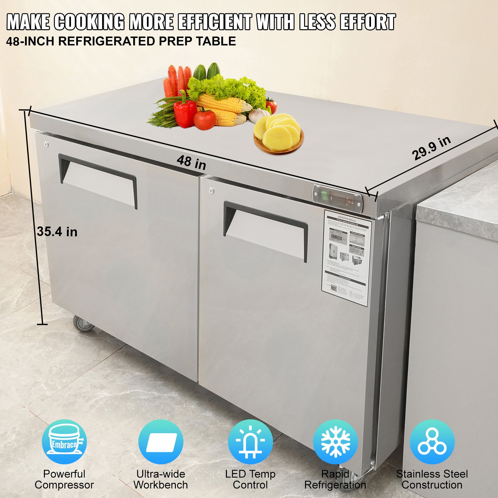 VEVOR 48″ Undercounter Worktop Refrigerator Prep Table 12.9 Cu.Ft Cooler 2 Doors