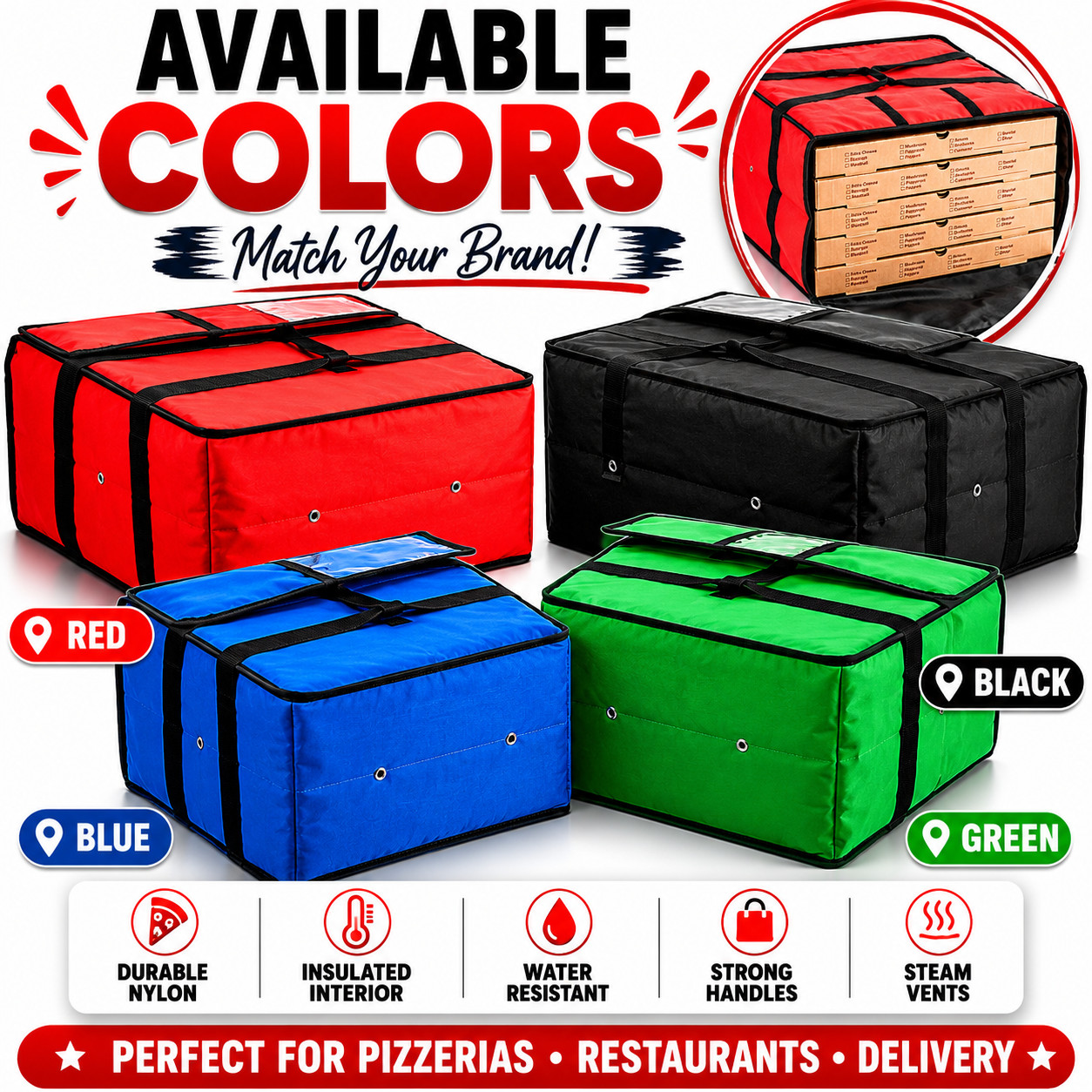 20″ x 20″ x 12″ Red Vinyl Insulated 16″ & 18″ Pizza Food Delivery Bag