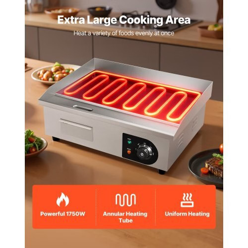 Commercial Electric Griddle, 1750W, 122-570°F Adjustable Temp Control, Stainles