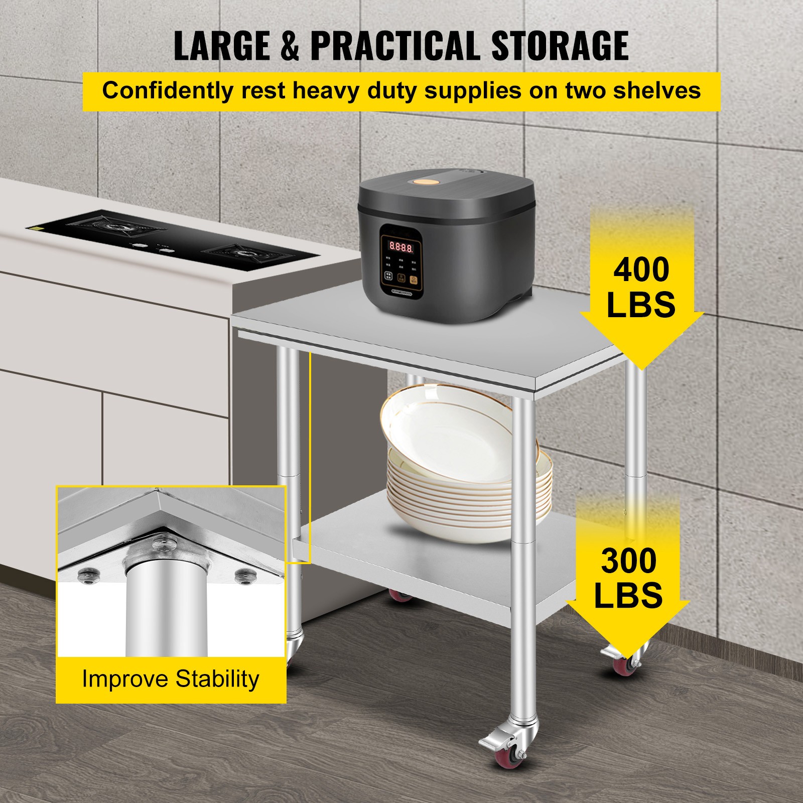 Rolling Stainless Steel Work Table 30″x24″ Cart + Casters Undershelf Heavy Duty