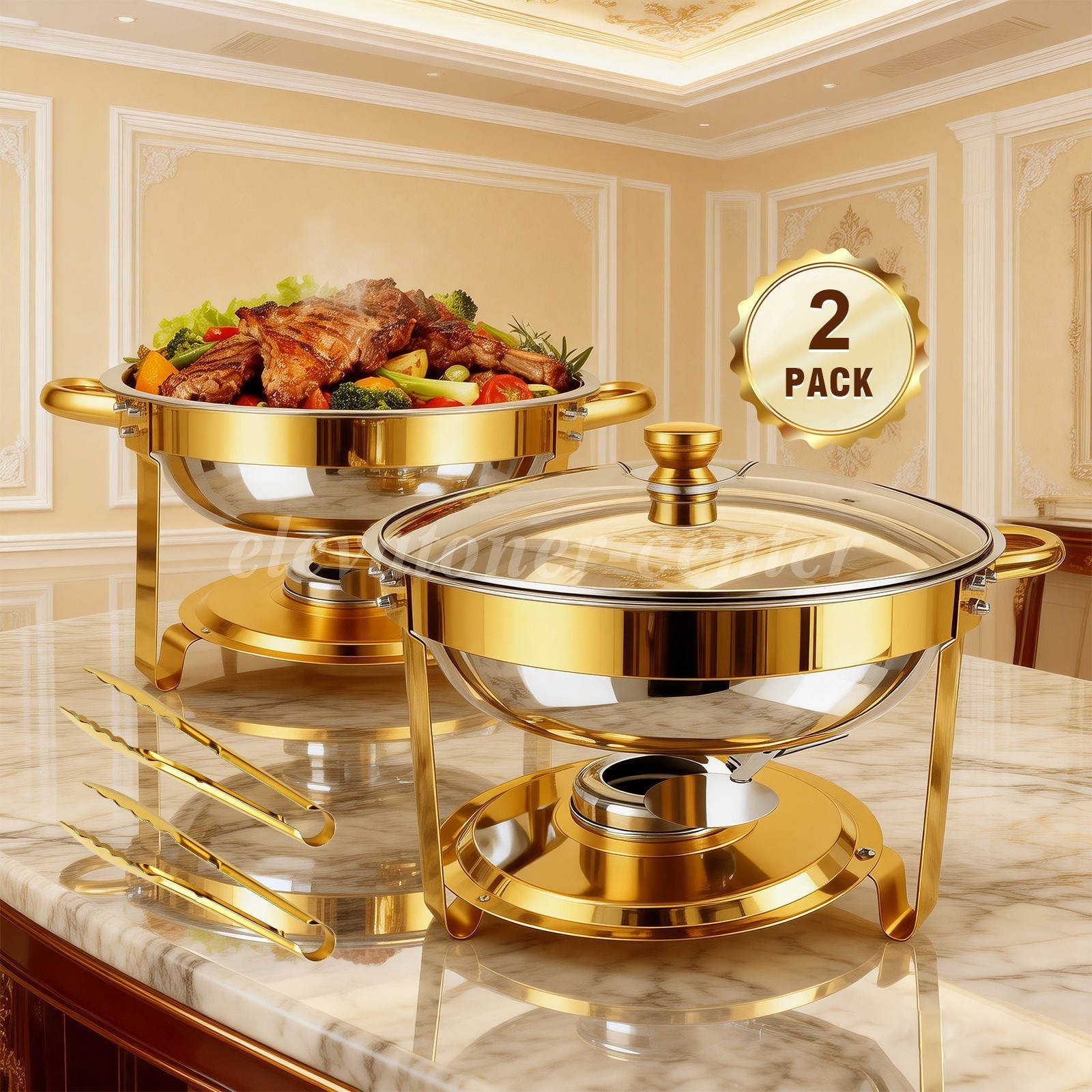 2 PCS 6QT Round Chafing Dish Buffet Set Food Warmer Chafer w/Glass Lid Gold Leg