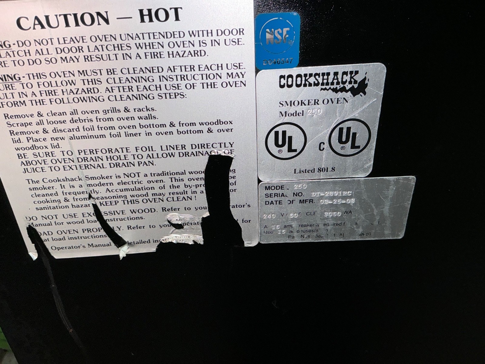 CookShack 250 Smoker Oven SM260 240V 25 Amp 2338