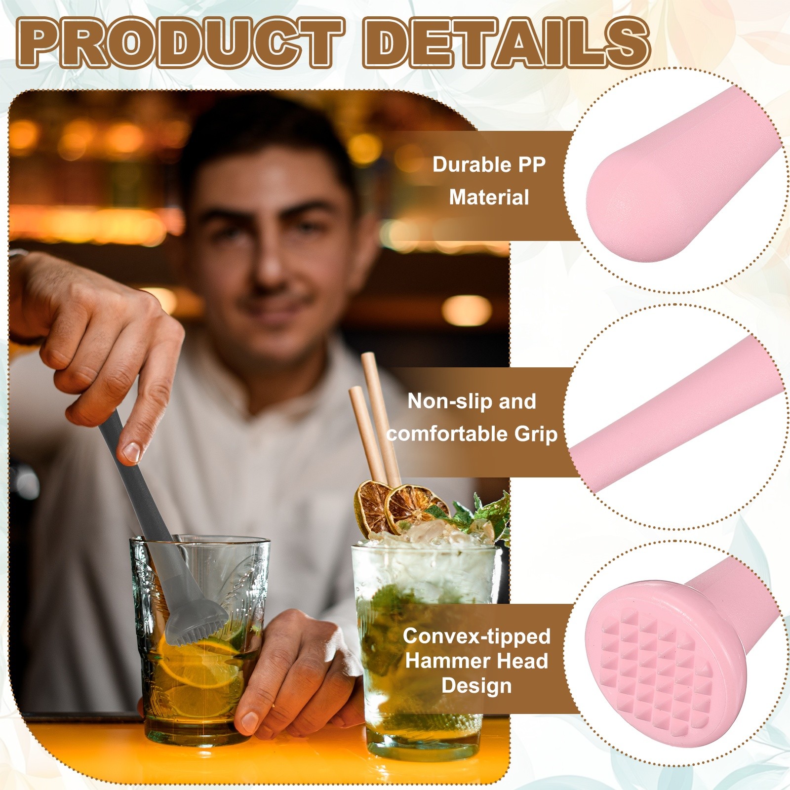 Cocktail Muddler 8 Inch PP Drink Muddler Pink Thin