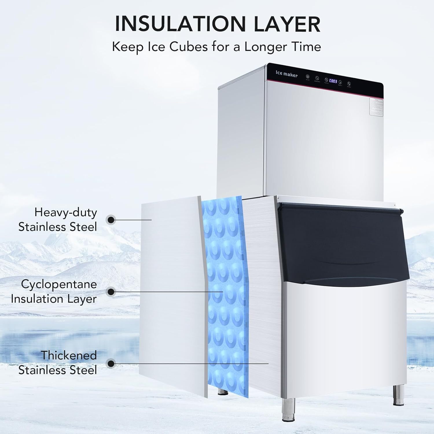 550LBS/24H Smart Commercial Ice Maker Machine With 300LB Storage Bin & LED Panel
