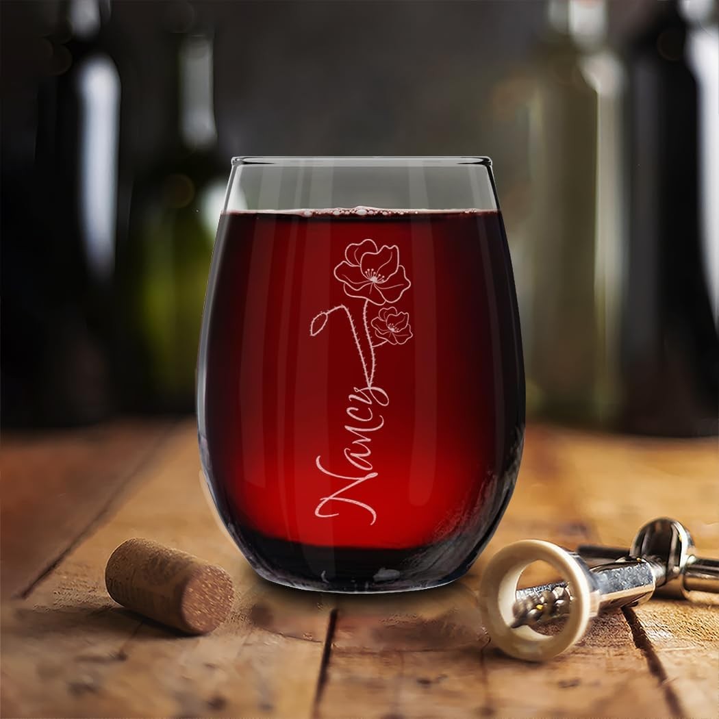 Personalized Birth Flower Stemless Wine Glass – Custom Engraved Name or Monogram