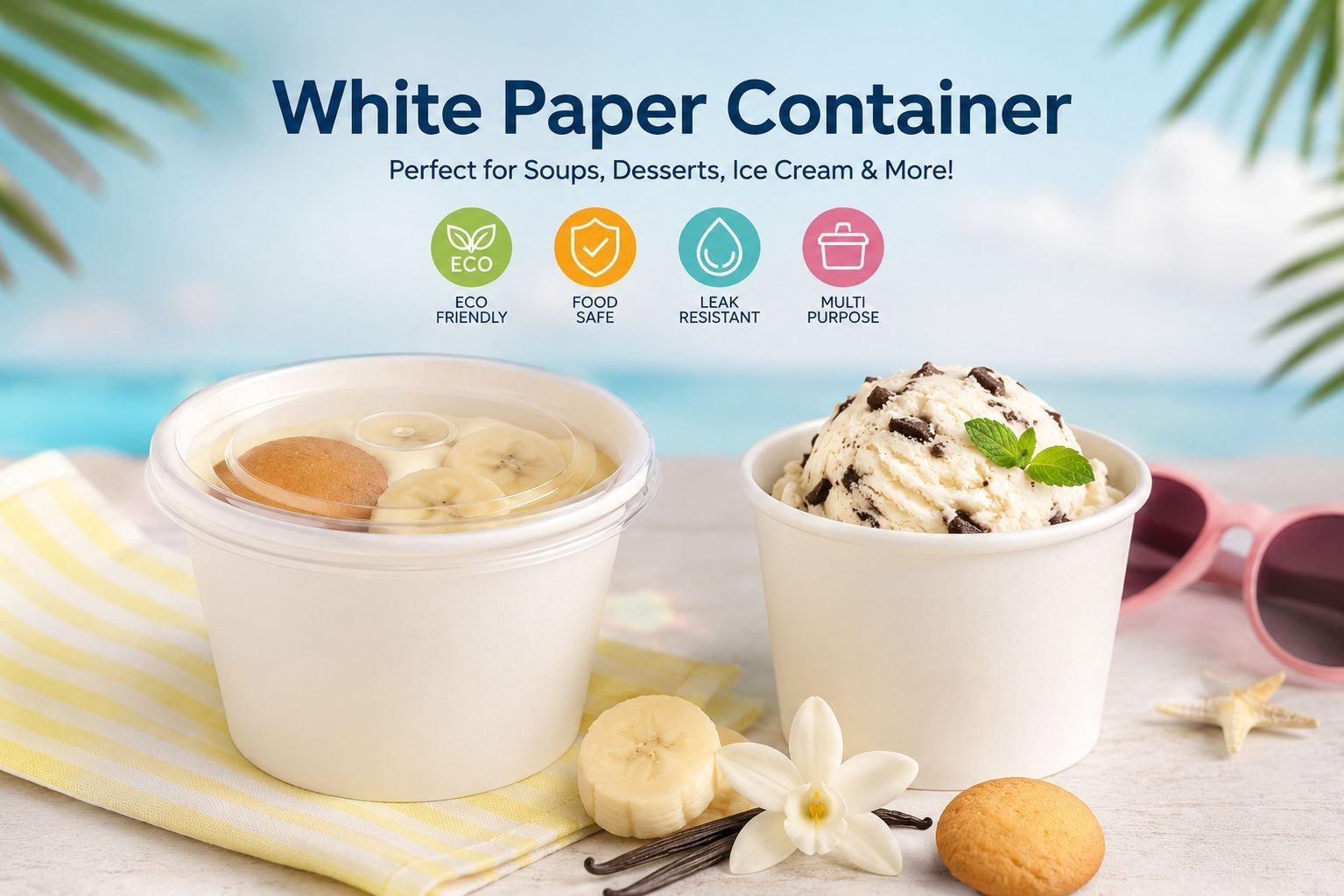 8OZ Disposable White Paper Containers with Clear Lids, Soup, Ice Cream, Dessert