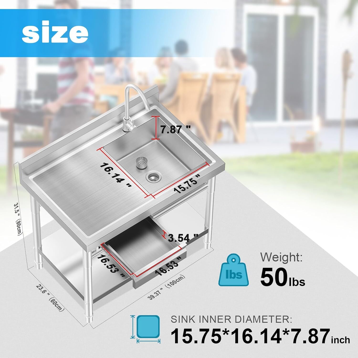 All-In-One Stainless Steel Freestanding Sink with Drawers for Laundry Room Use