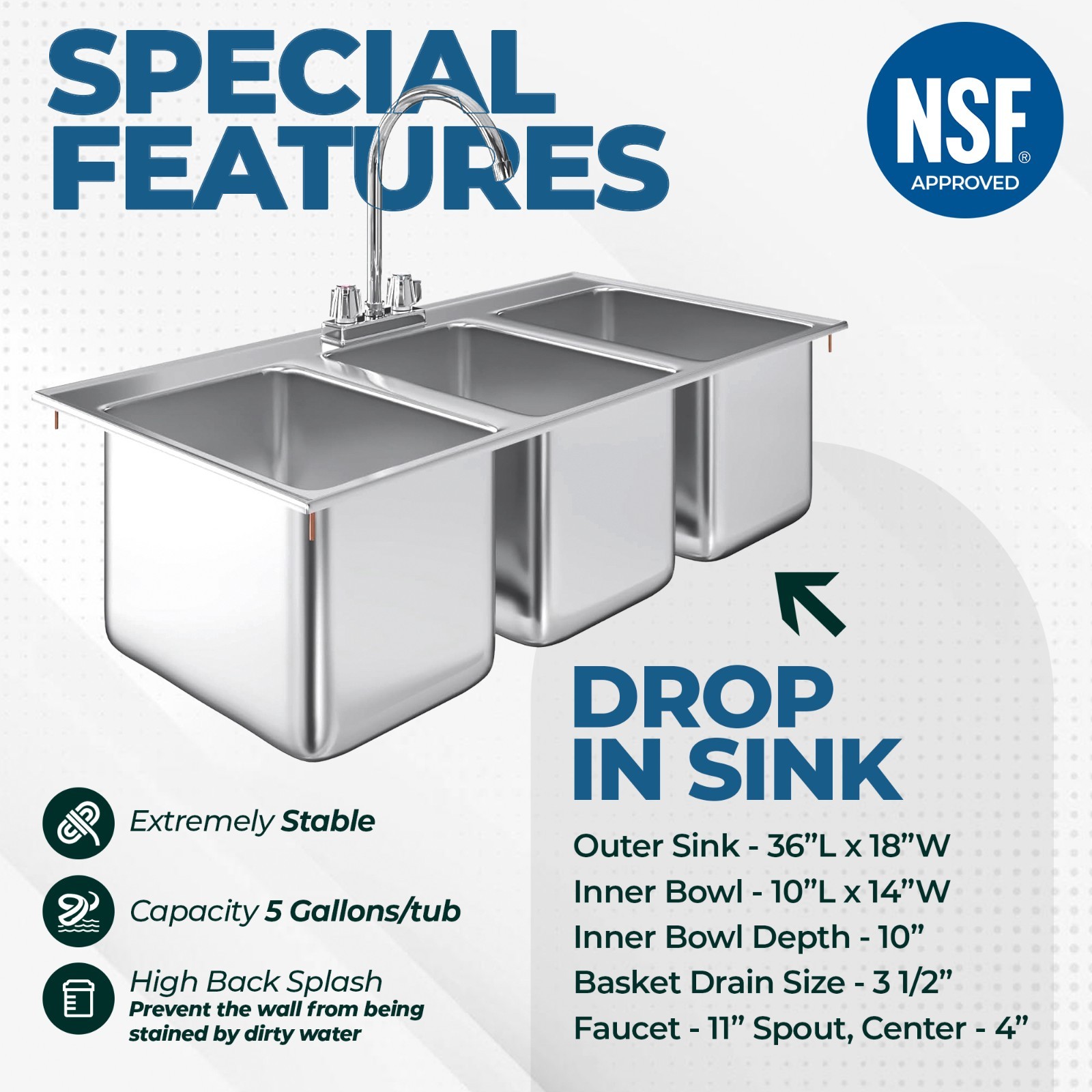 Stainless Steel Drop Sink – 3 Compartment Drop in Sink 10″ x 14″ x 10″ w/ Faucet