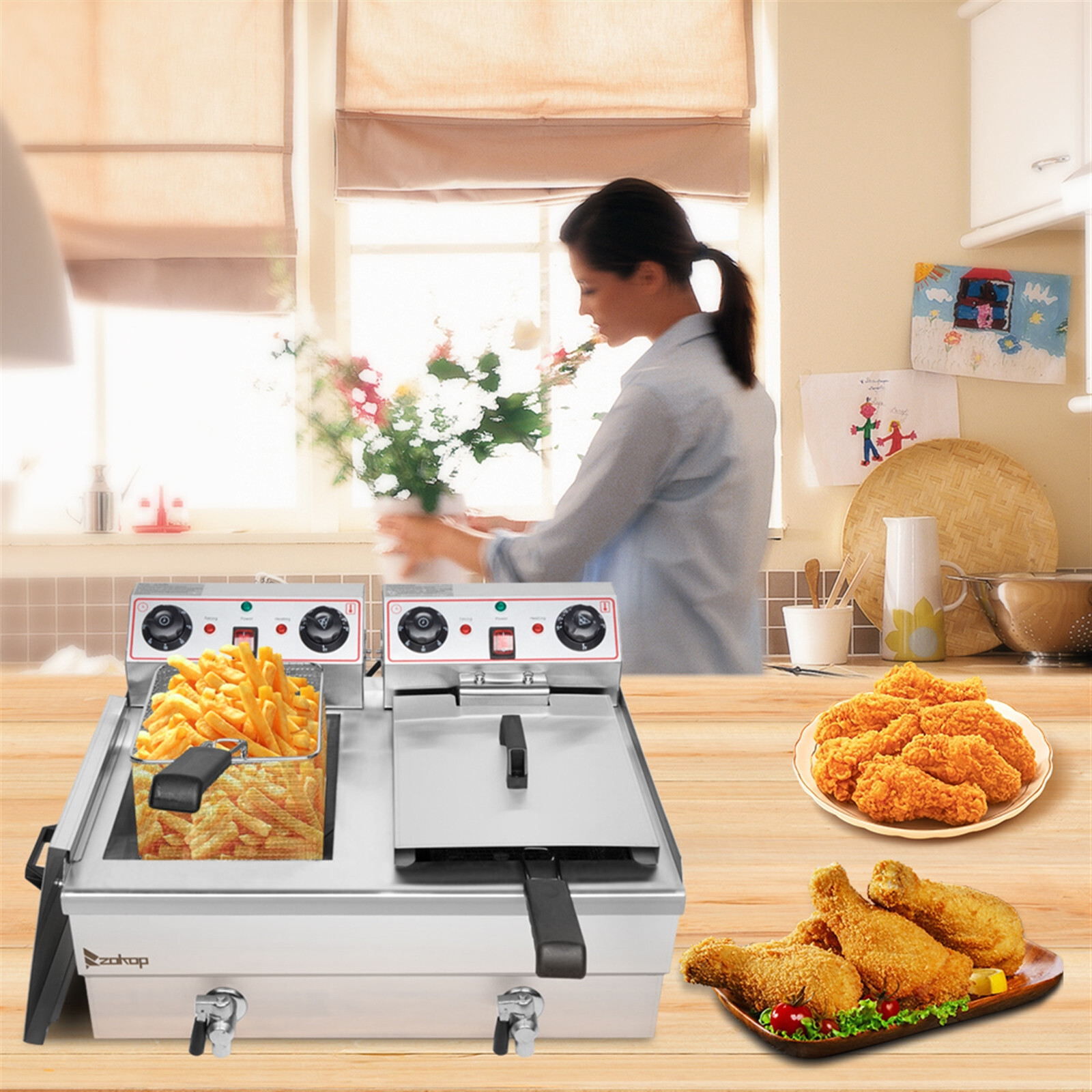 24.9QT/23.6L Stainless Steel Faucet Double Tank Deep Fryer 3400W (Large Handle)