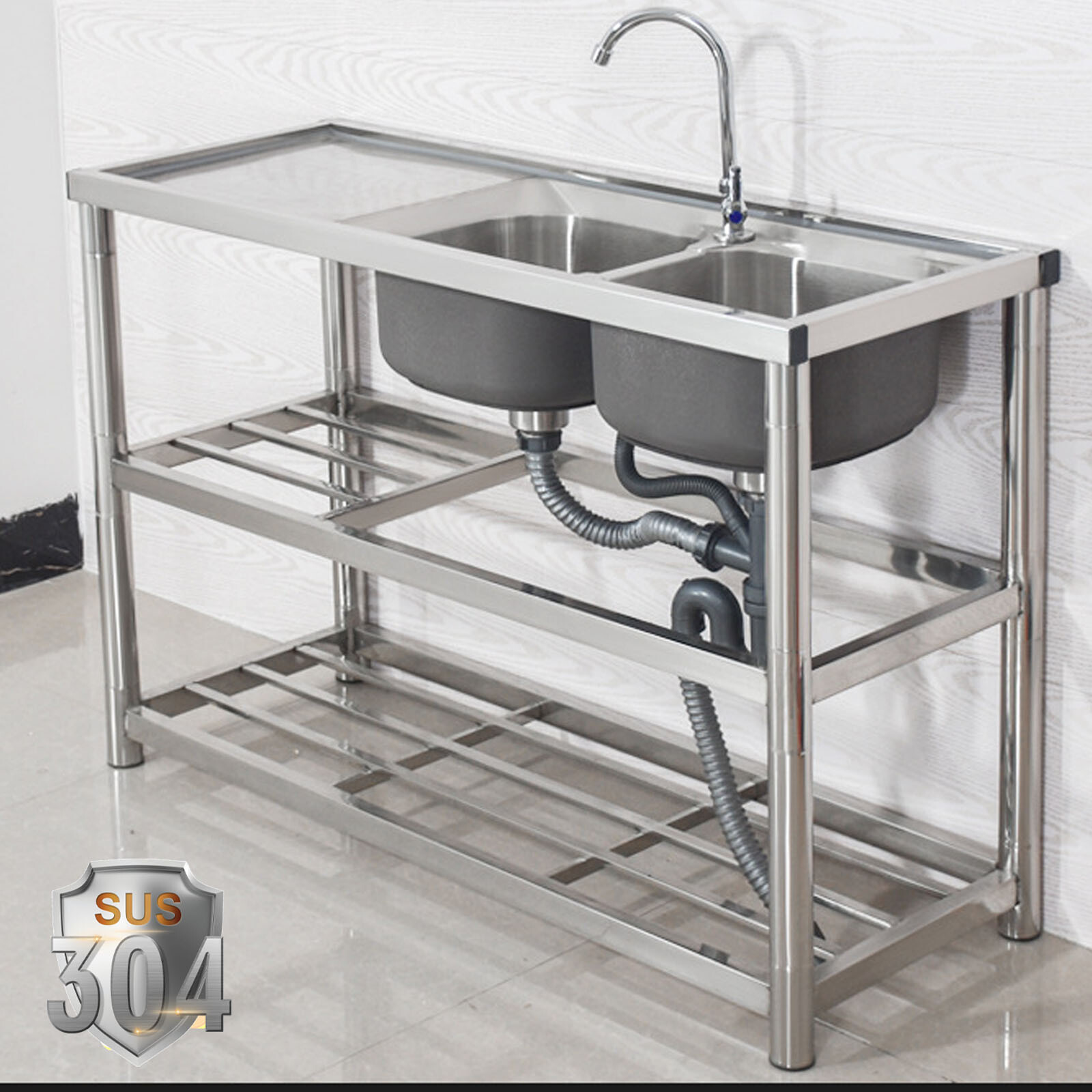 1/2/3 Compartment Kitchen Sink Prep Table Stainless Steel with Faucet Commercial