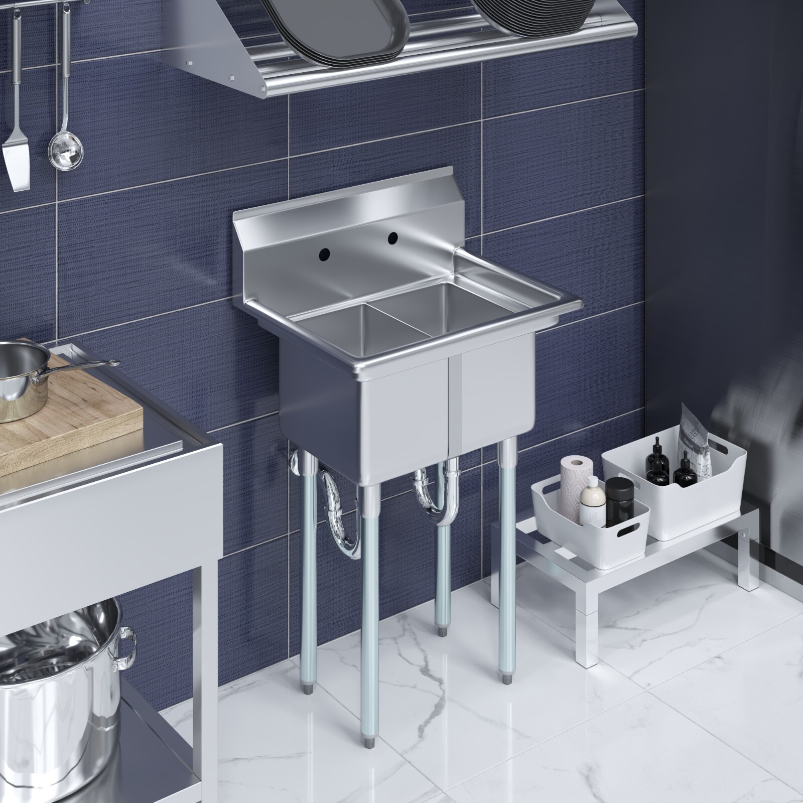 20 in. x 26 in. Stainless Steel Two Compartment Sink. 10 in x 14 in x 10in Bowls
