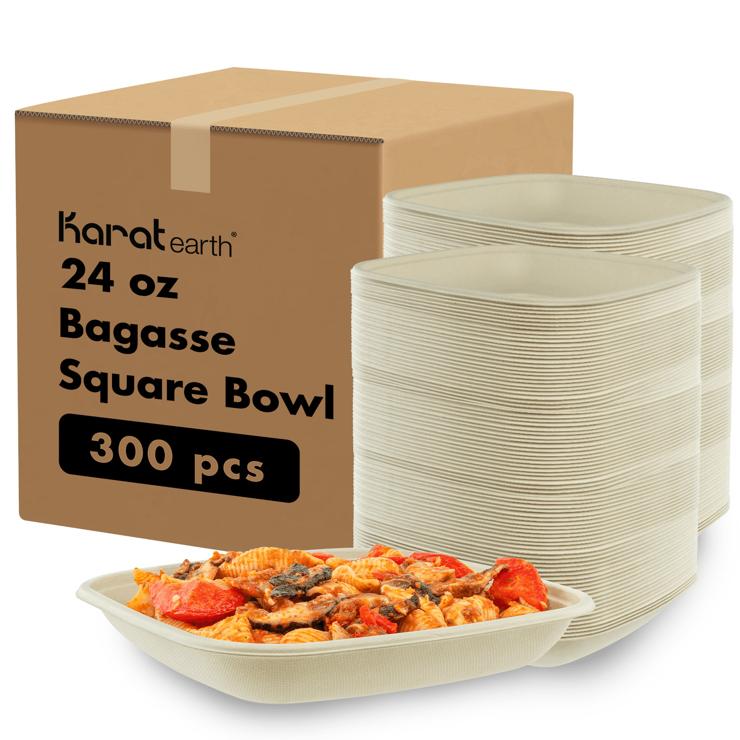 Karat Earth 24oz PFAS Free Bagasse Square Bowl, Natural – 300 pcs, KE-BBS24N-FF