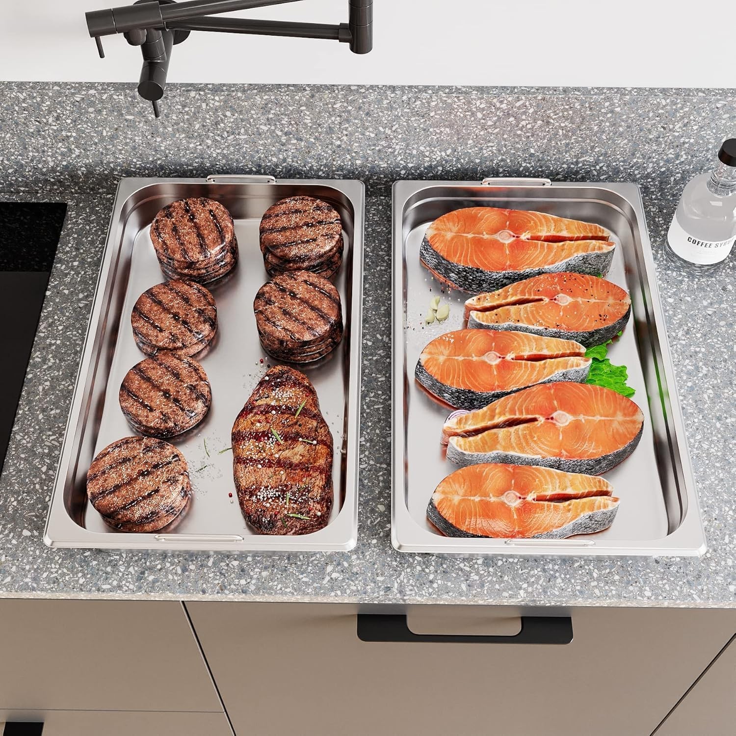 6 Pack Full Size Food Pan, 6 inch Deep Commercial Catering Hotel Pan with Handle