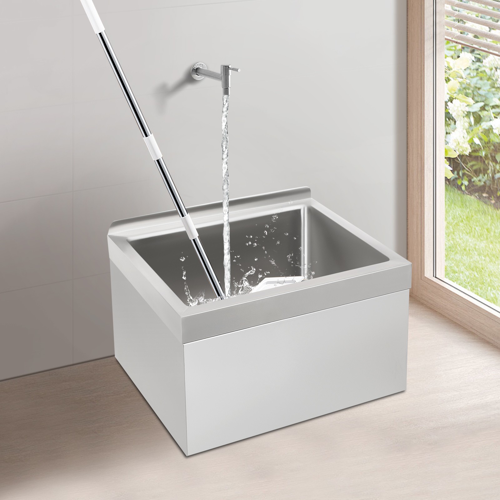 Stainless Steel Commercial Mop Sink 24*24*13in w/ Drain Hose Silver Square