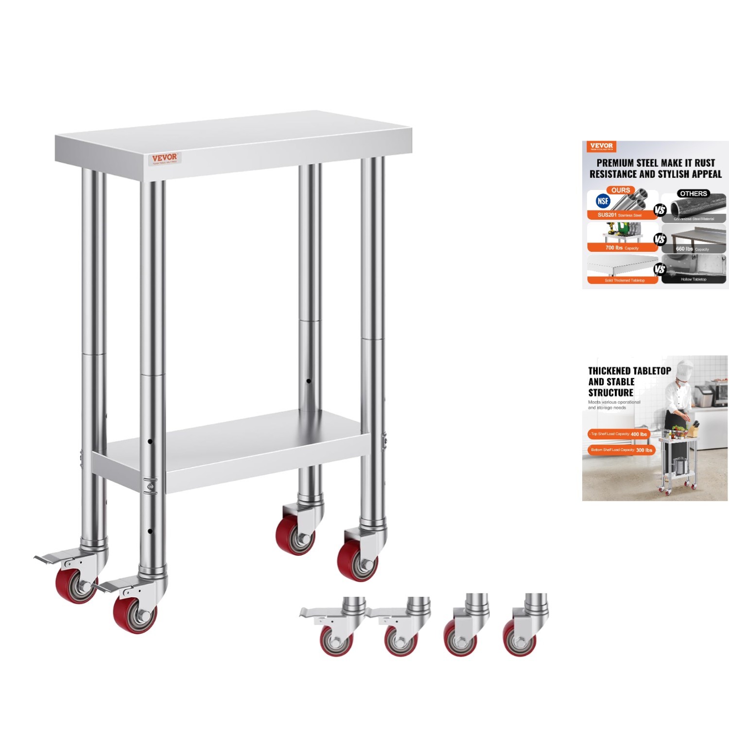 Stainless Steel Rolling Prep Table 24 x 12 x 34 Inch – Durable & Easy to Clean