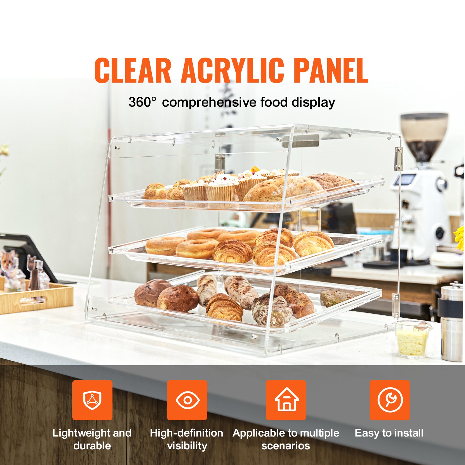 VEVOR 3-Tier Acrylic Bakery Display Case Countertop Donut Pastry Case Rear Door
