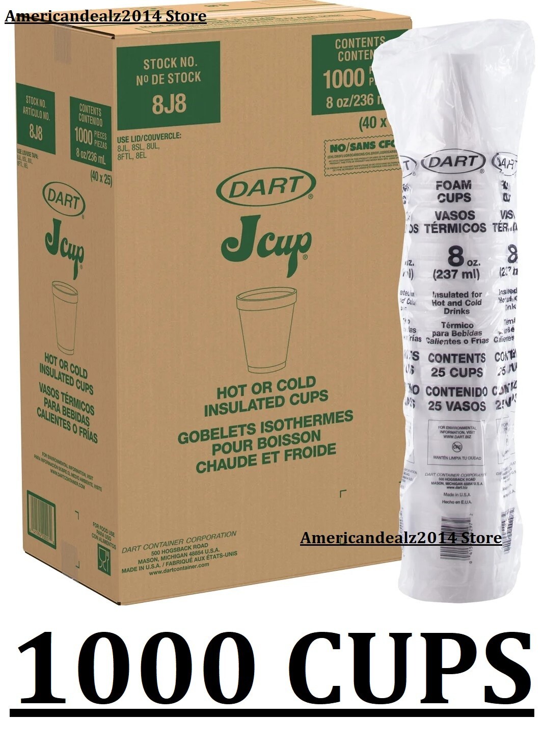 Dart 8, 10, 12 OR 16 oz Cup White Foam Hot Cold Cups Insulated Cups 1000 Ct