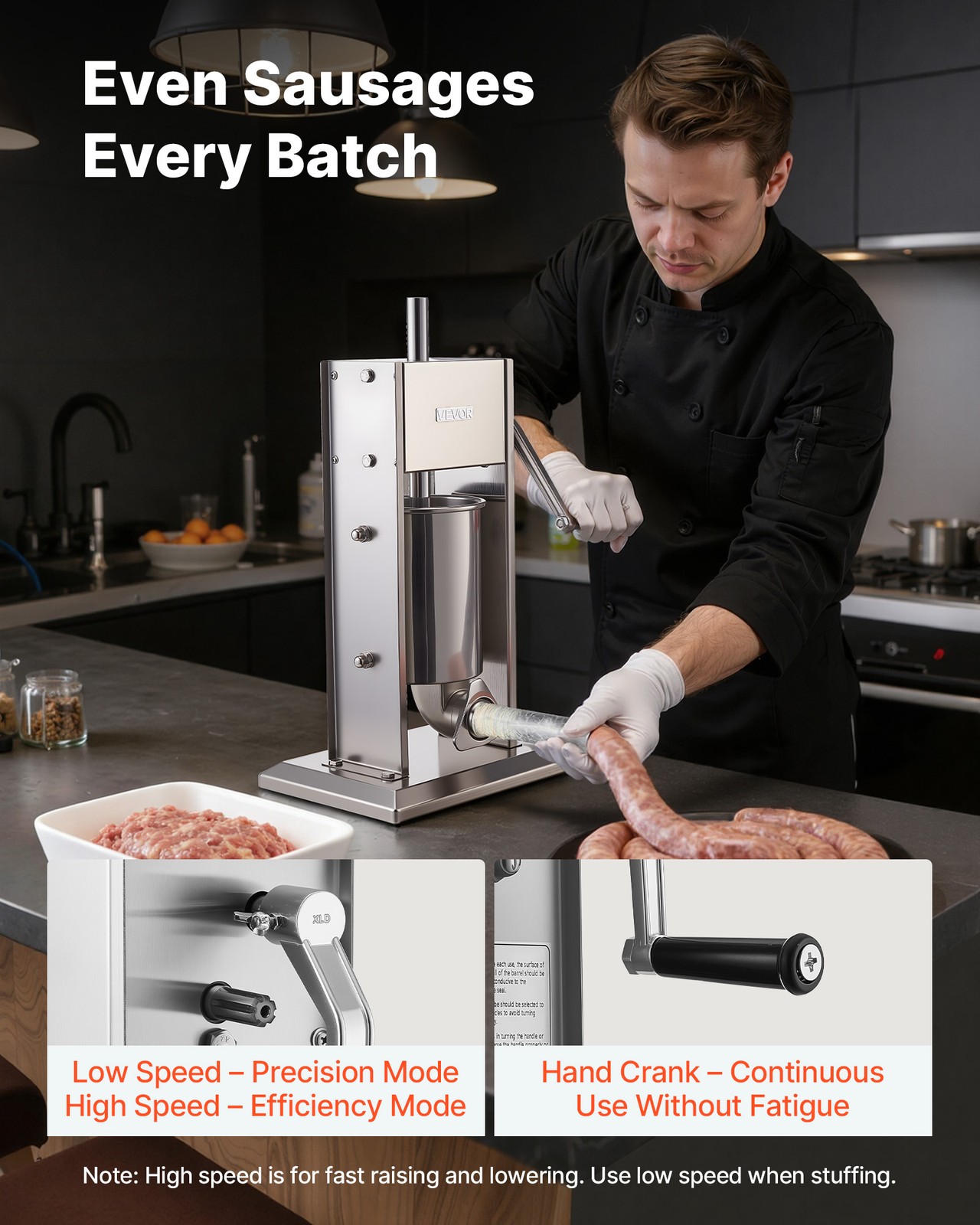 VEVOR Manual Sausage Stuffer 7 LBS / 3 L Dual-Speed Meat Stuffer with 5 Tubes