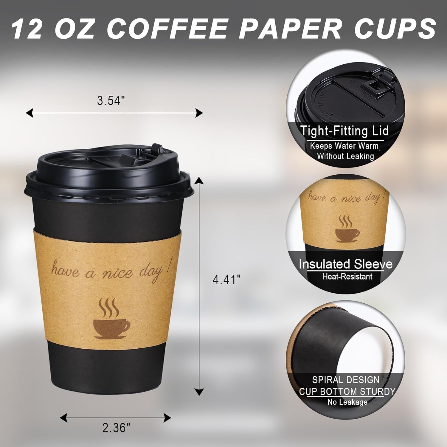 Leak-Proof 12oz Hot Paper Cups with Lids & Sleeves – 50 Pack