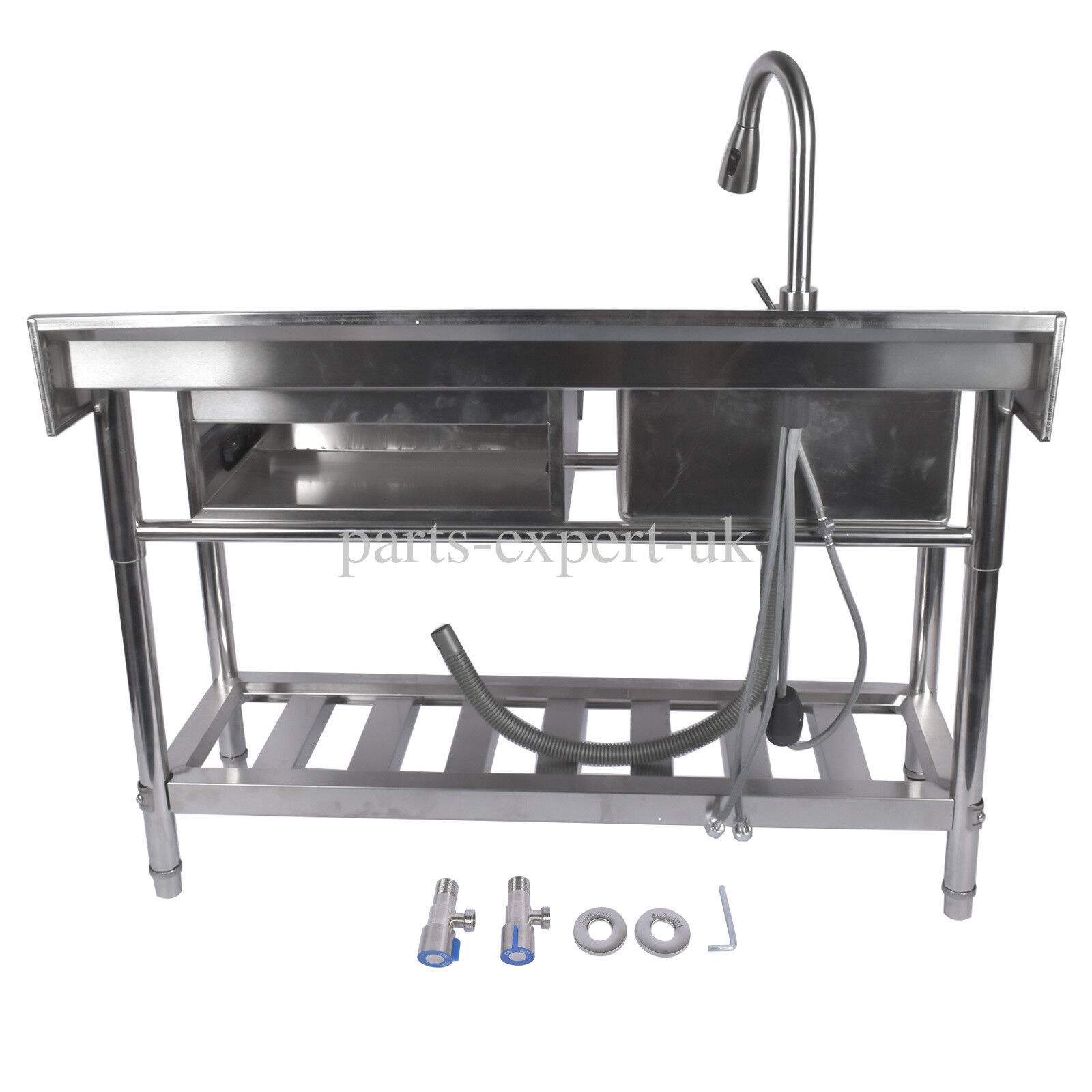 Free Standing Single Bowl Kitchen Sink with Pull-Out Faucet, Hot and Cold Pipes