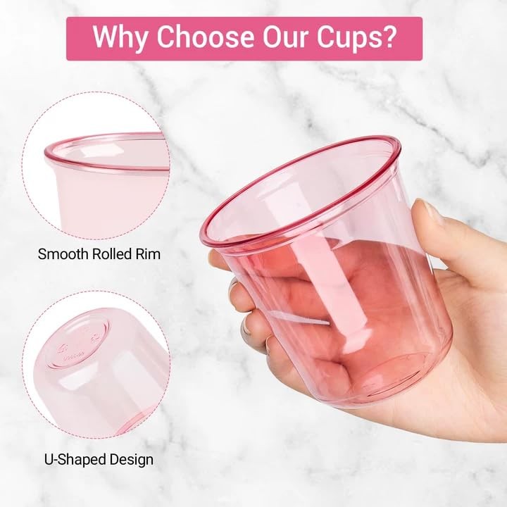 12 oz Pink Plastic Cups, 50 Pcs Disposable Stemless Wine Glasses Round Bottom…