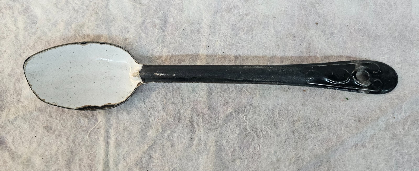 Vintage maybe Antique Enameled 13″ Serving Spoon w Patina Great FARMHOUSE DECOR!