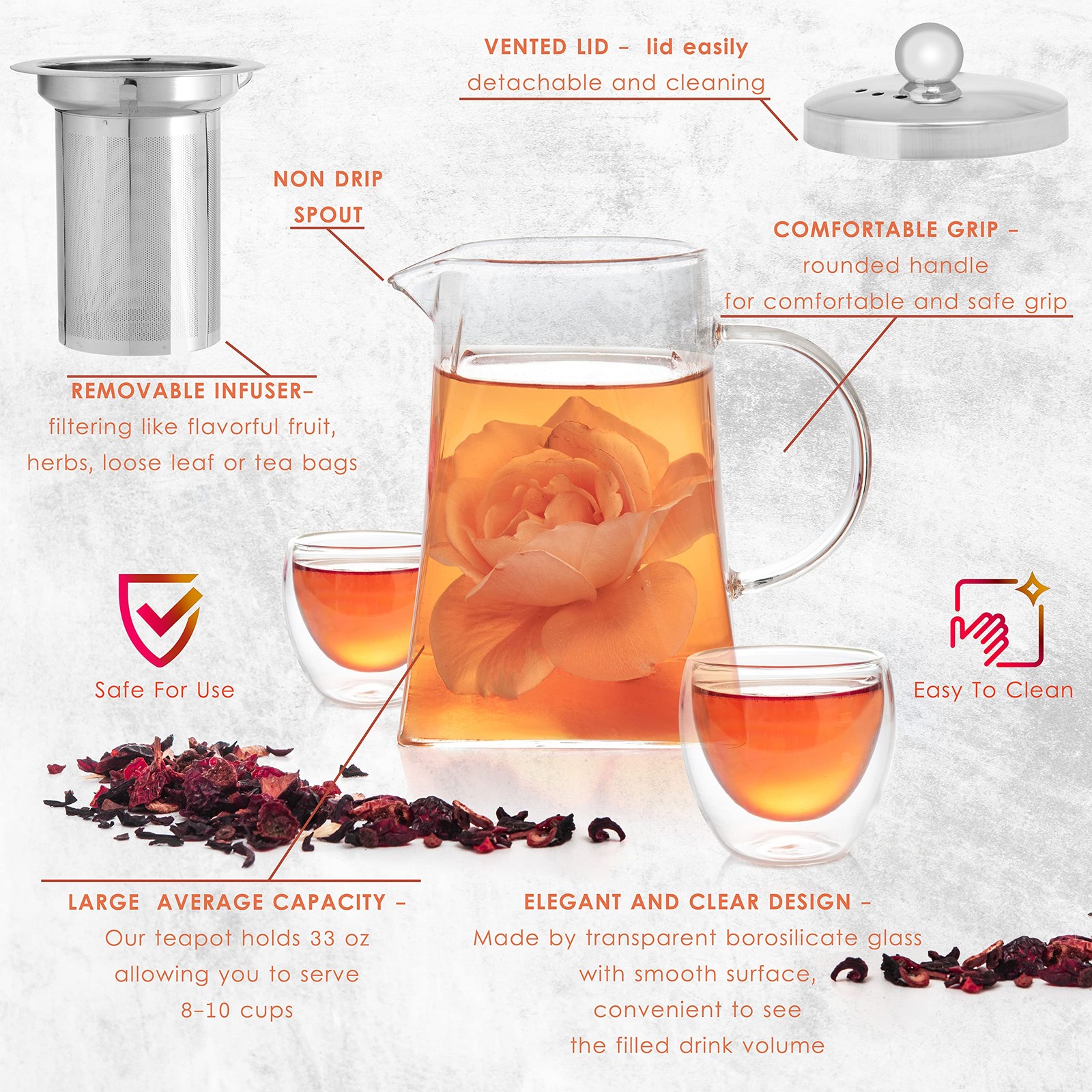 Mixpresso 5 Piece Glass Tea Pot Set, Kettle with Removable Infuser, Clear Glass