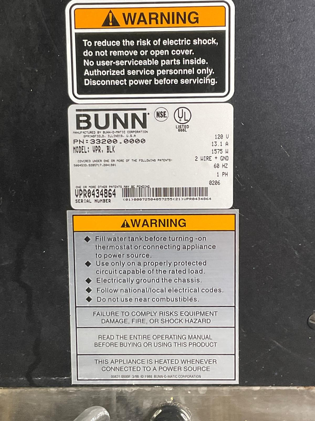 BUNN VPR 33200 Commercial 12-Cup Pourover Coffee Maker Machine Black
