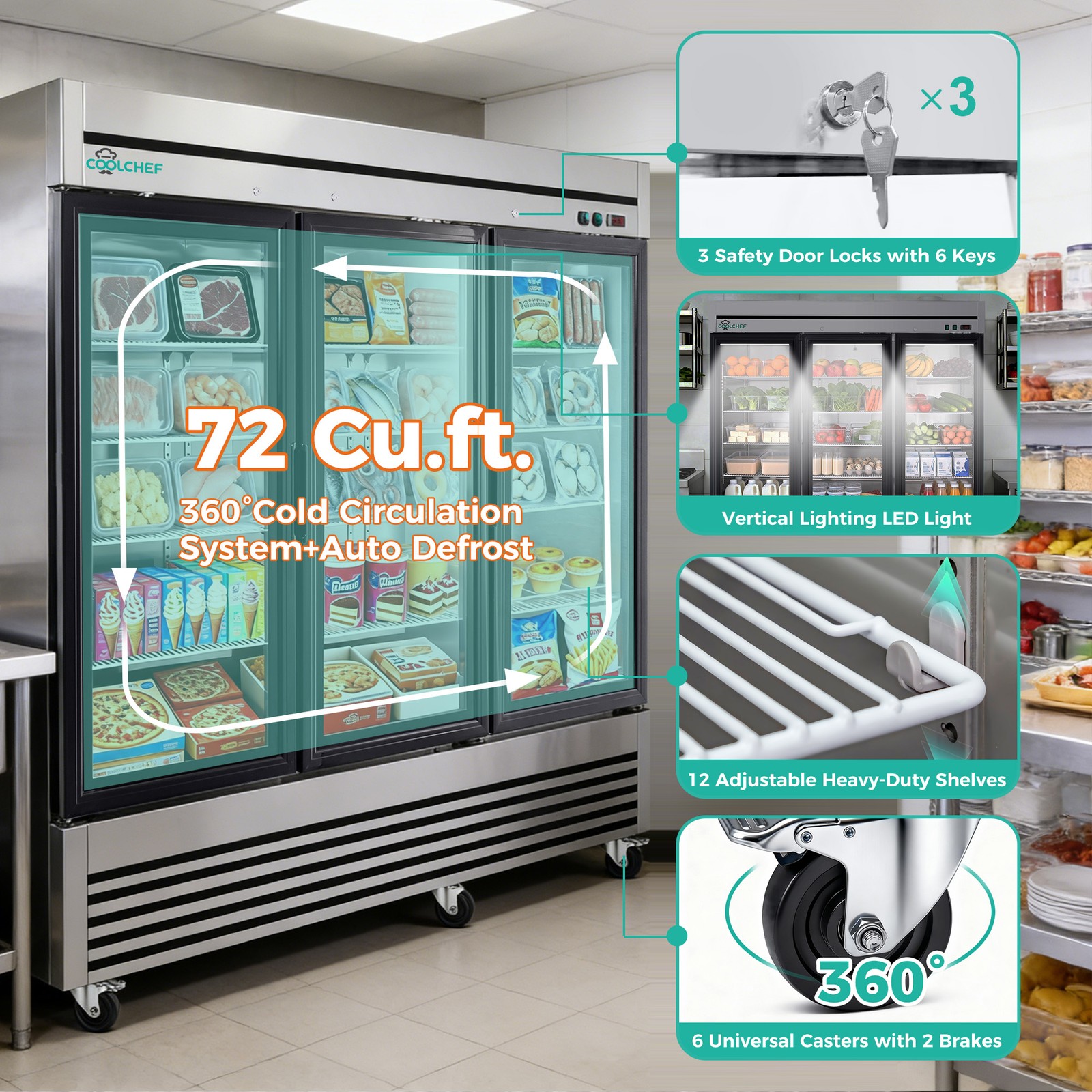 Commercial 81» Reach-In Refrigerator Stainless Steel Glass 3 Doors 72 Cu.ft.