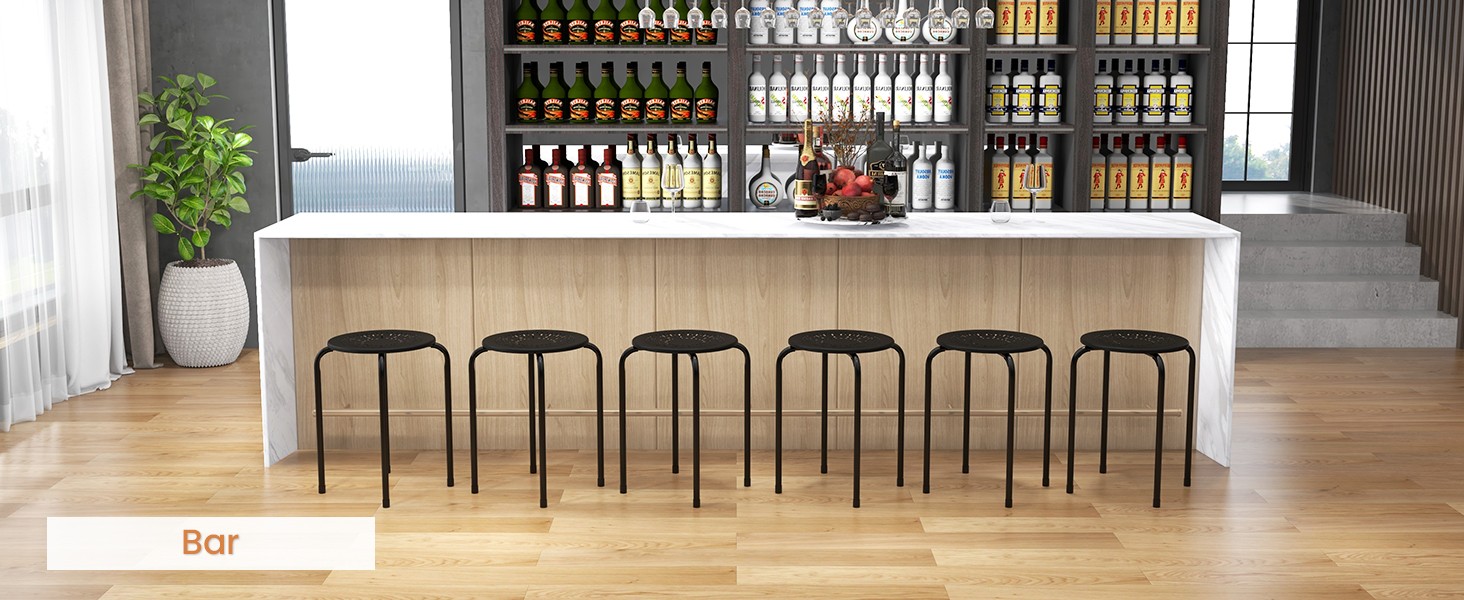 6-Pack Stackable Metal Stools, 17.5″ Round Backless, Black