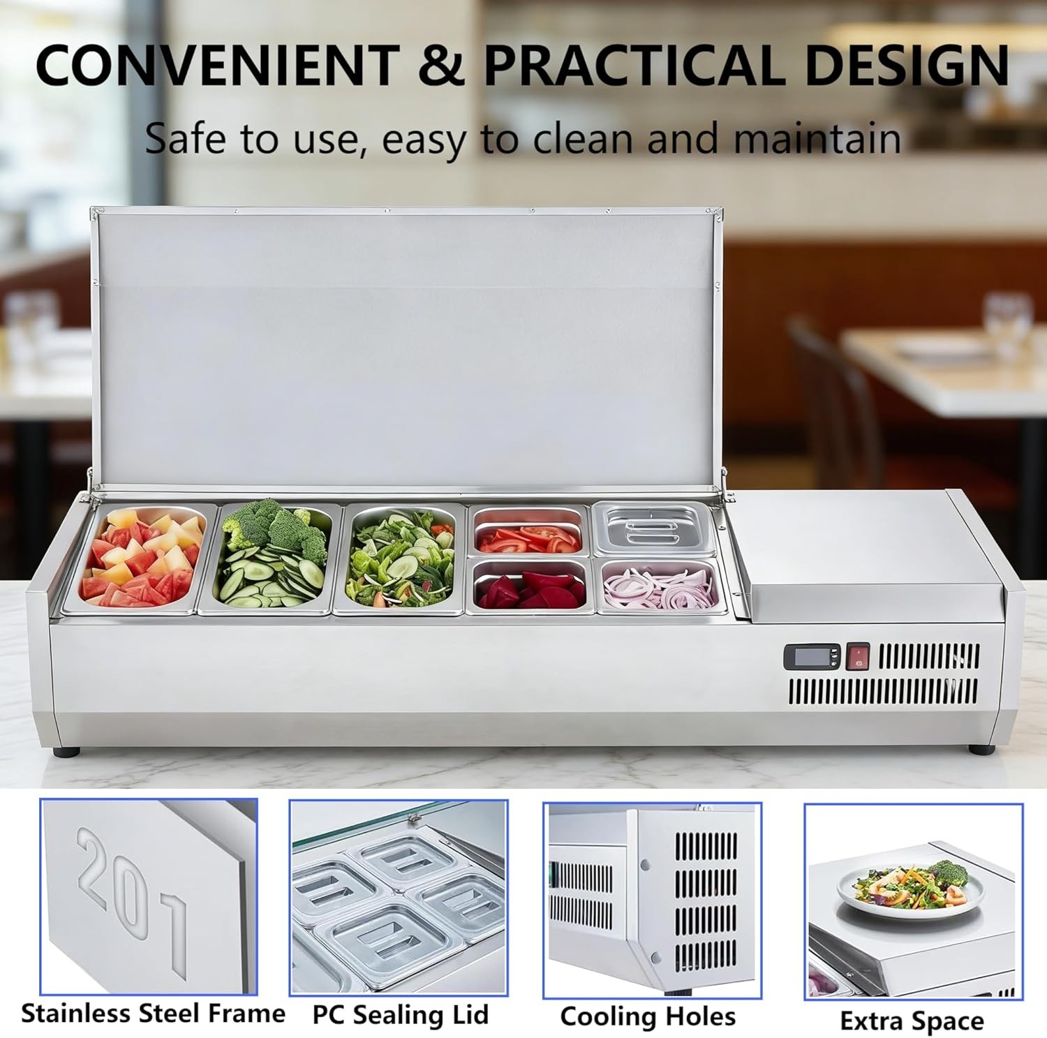 ⚡140W Refrigerated Condiment Prep Station, 51″ Countertop Refrigerator Condimen