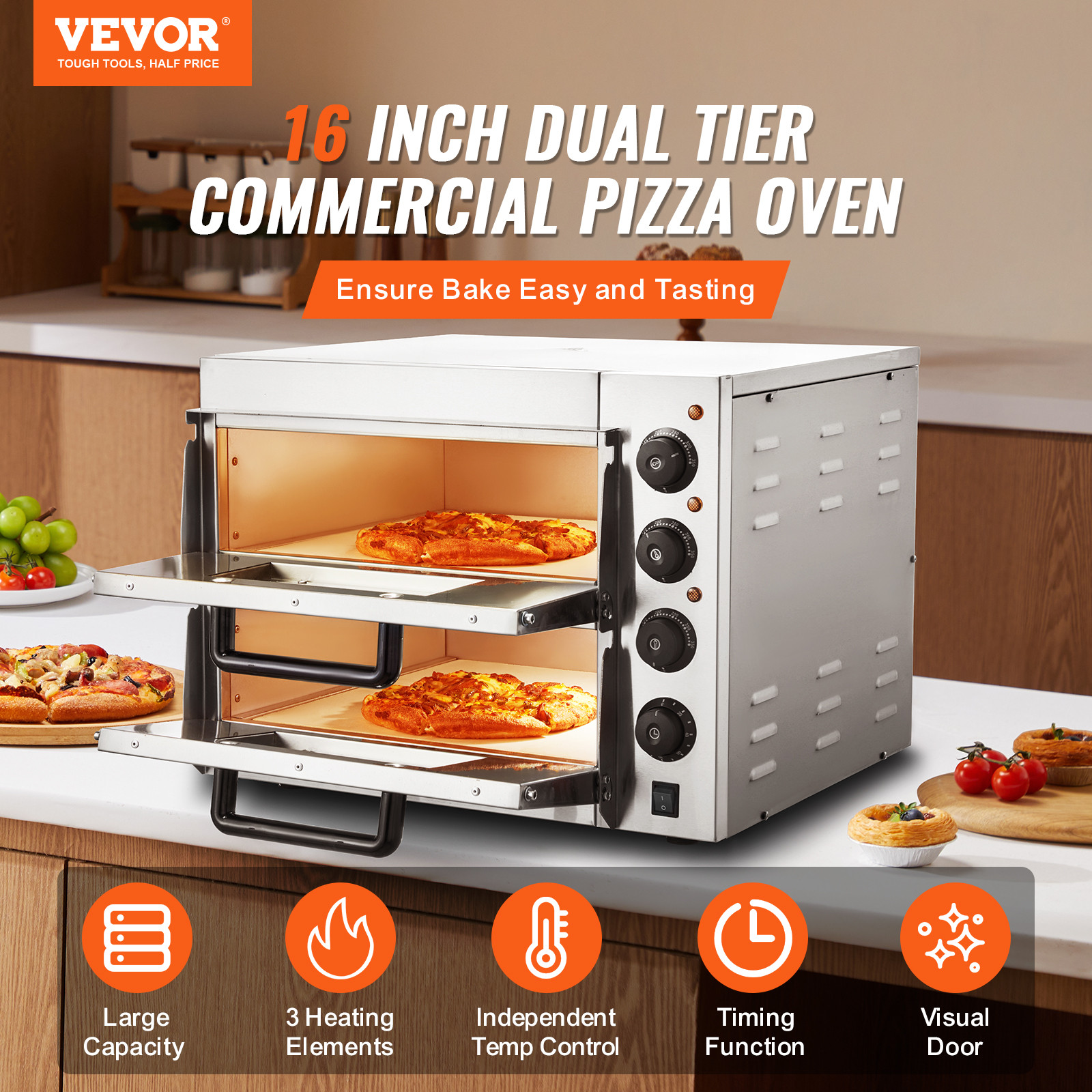 VEVOR Commercial Countertop Pizza Oven Electric Pizza Oven for 16″ Pizza Indoor