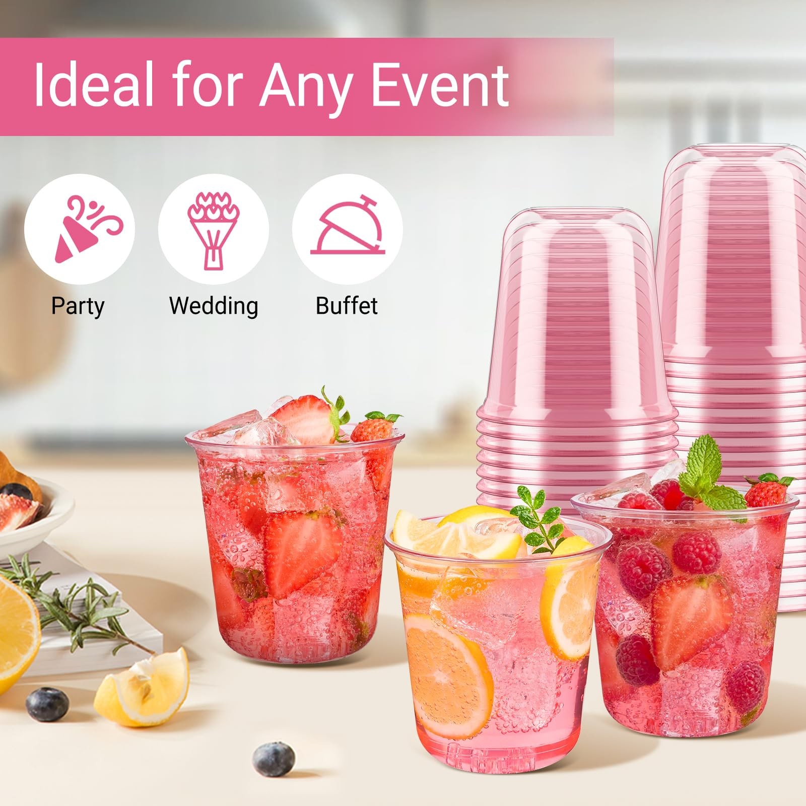 12 oz Pink Plastic Cups, 50 Pcs Disposable Stemless Wine Glasses Round Bottom…