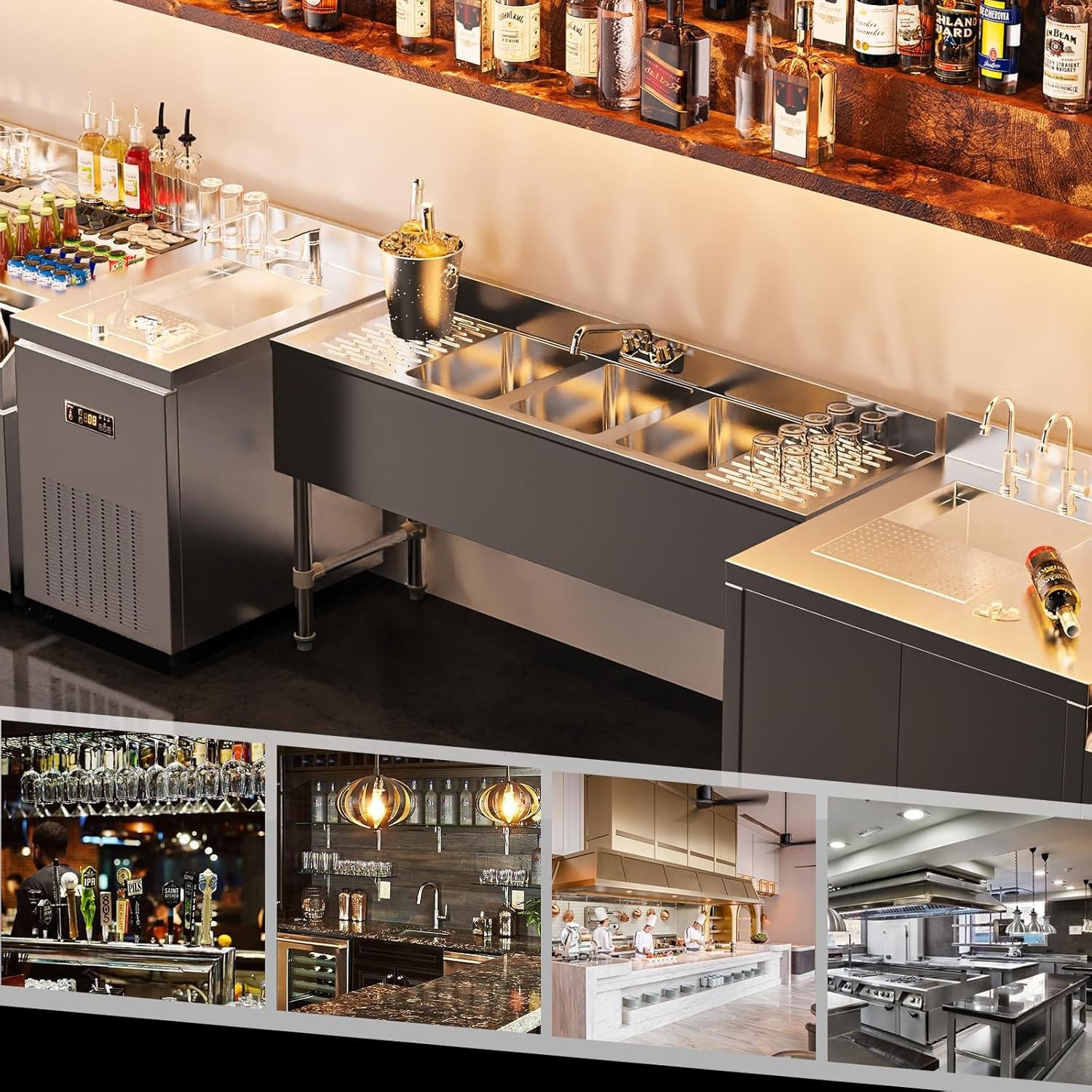 Commercial Kitchen Sink with 3 Compartments and Double Drainboard for Restaurant