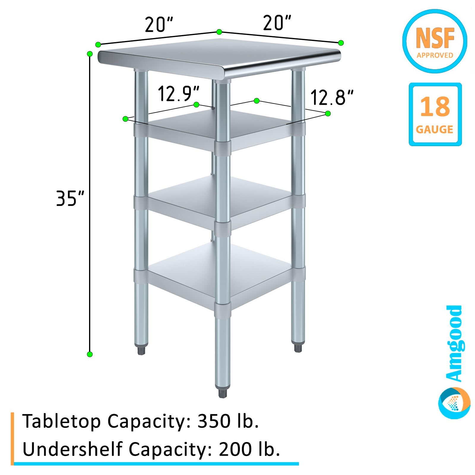 20 in. x 20 in. Stainless Steel Work Table With 3 Shelves | Metal Utility Table