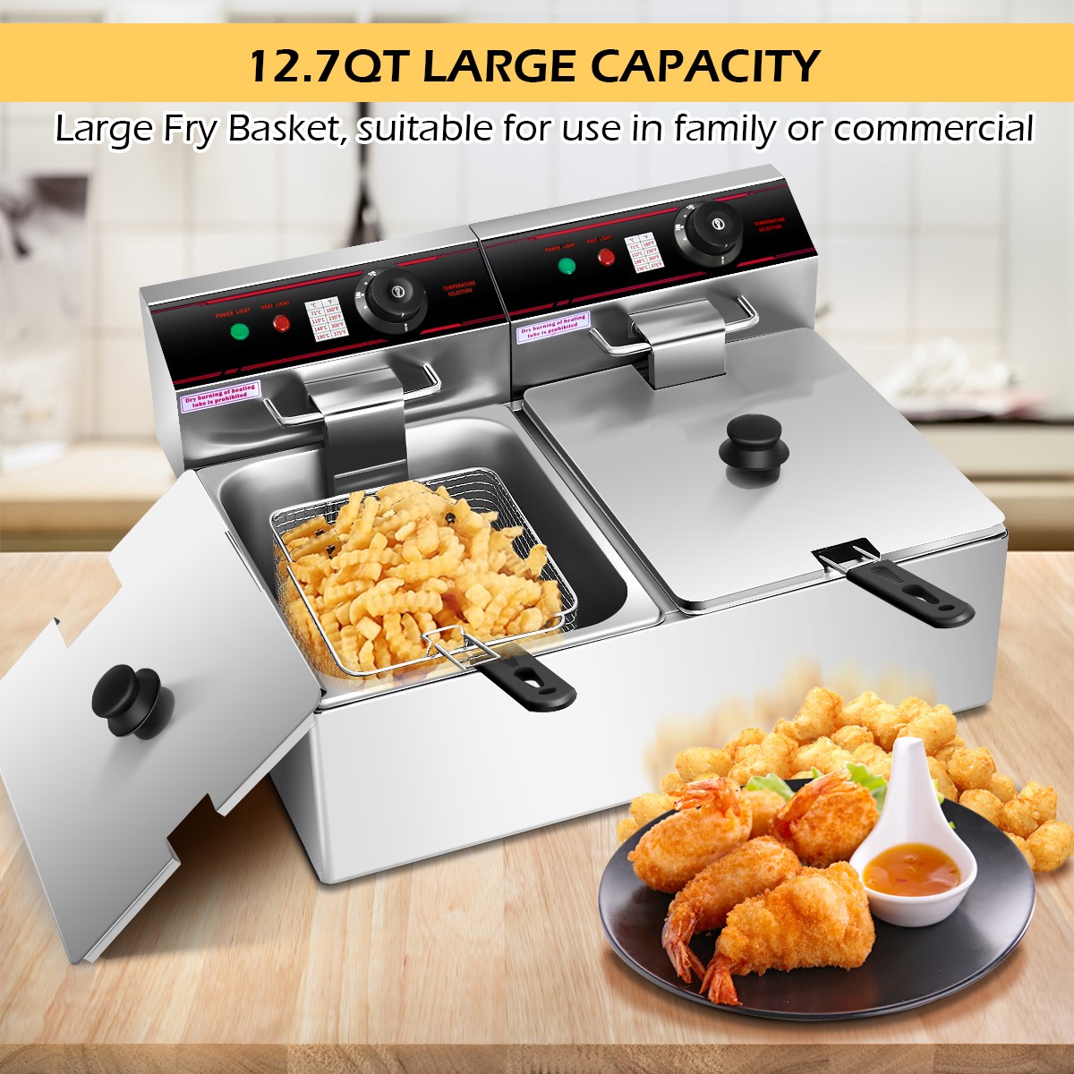 Costway 3400W Electric Countertop Deep Fryer Dual Tank Steel Commercial