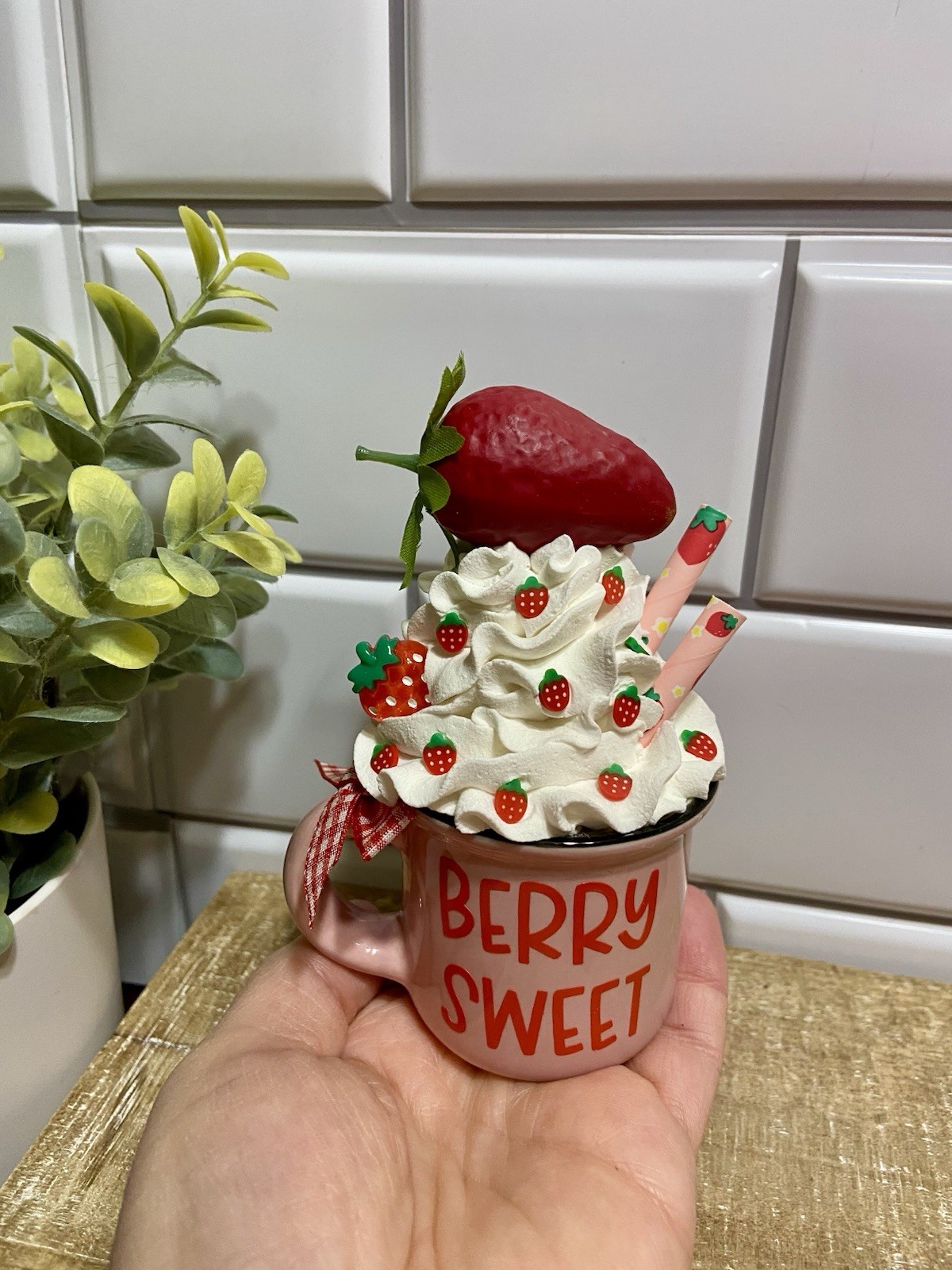 Cute STRAWBERRY Mini Ceramic Mug Faux Fake Whipped Cream Tiered Tray Decor 4.55″