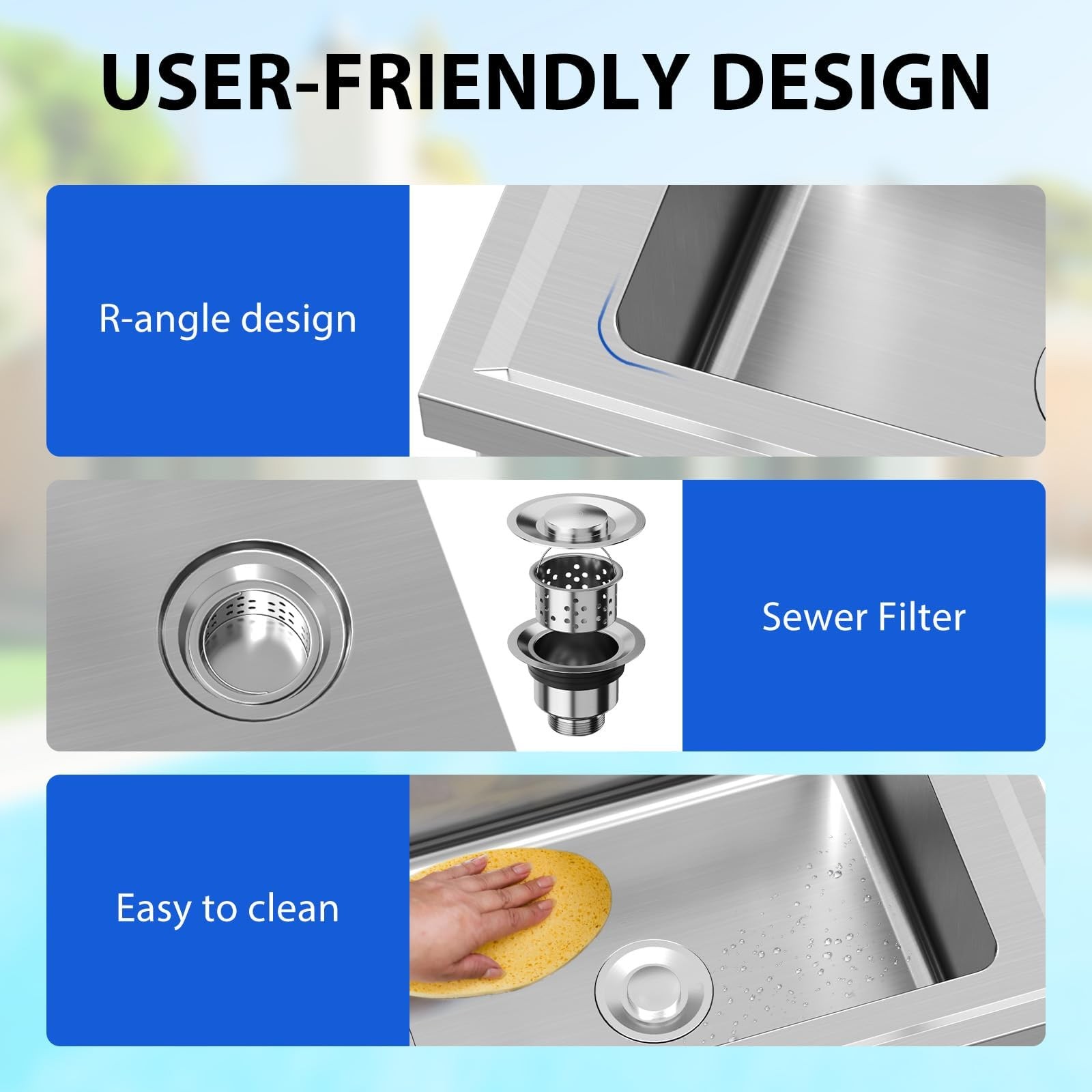 3 Compartment Stainless Steel Sink w/ Hot & Cold Hoses for Restaurant & Kitchen