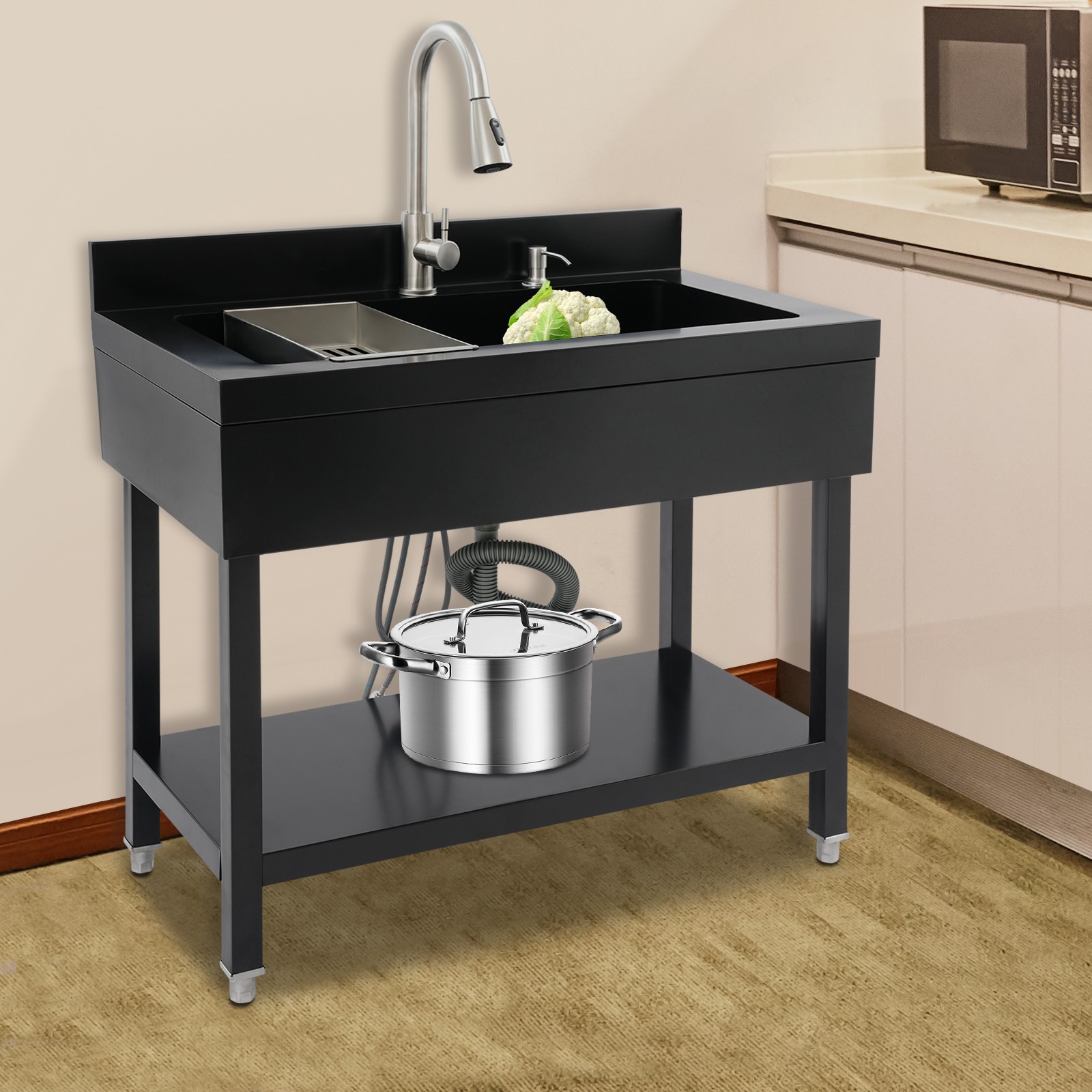 Black Freestanding Stainless Steel Utility Sink with pull-out faucet Faucet New