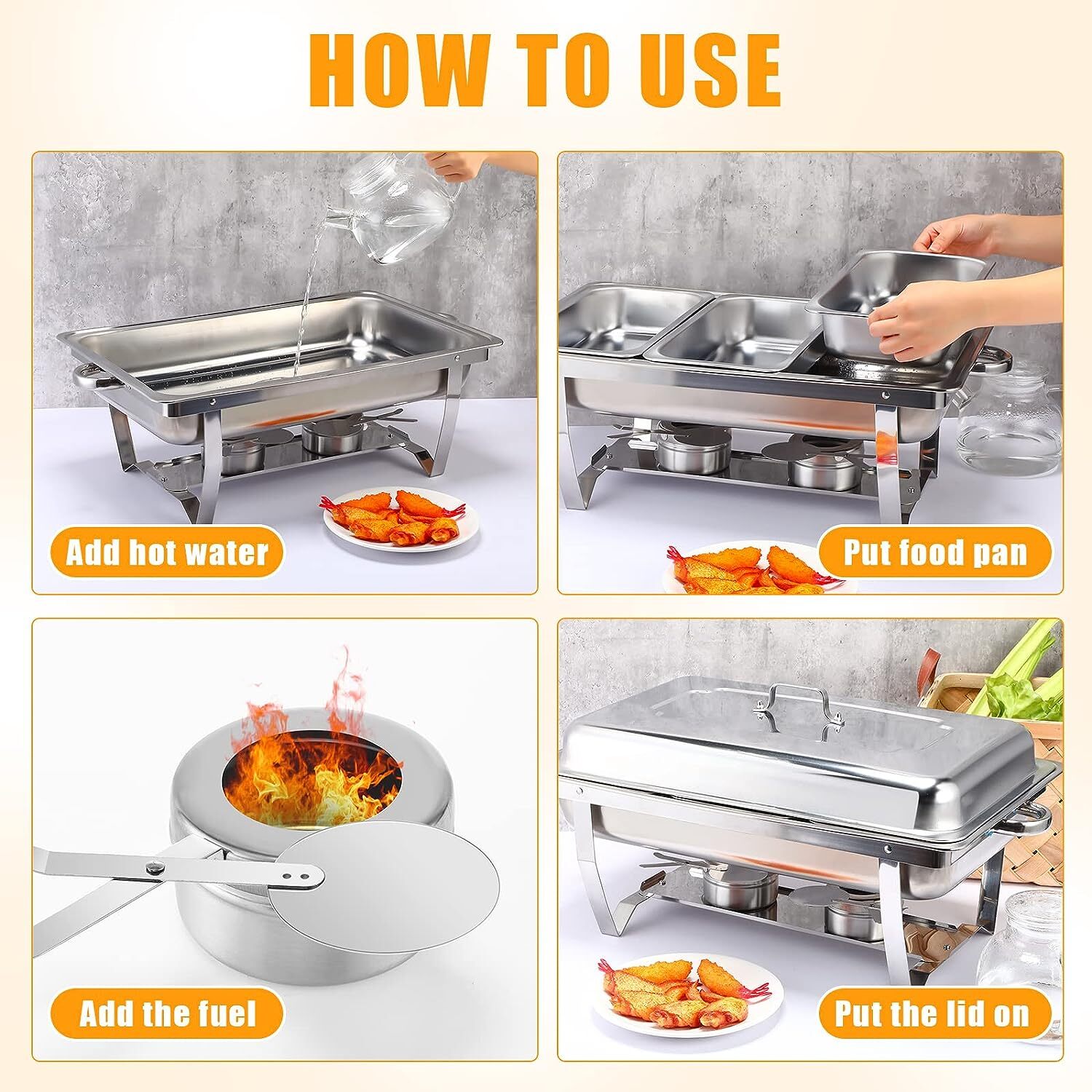 4Pcs 8 QT Chafing Dish Buffet Set 1/3 Size Stainless Steel Catering Chafer Party