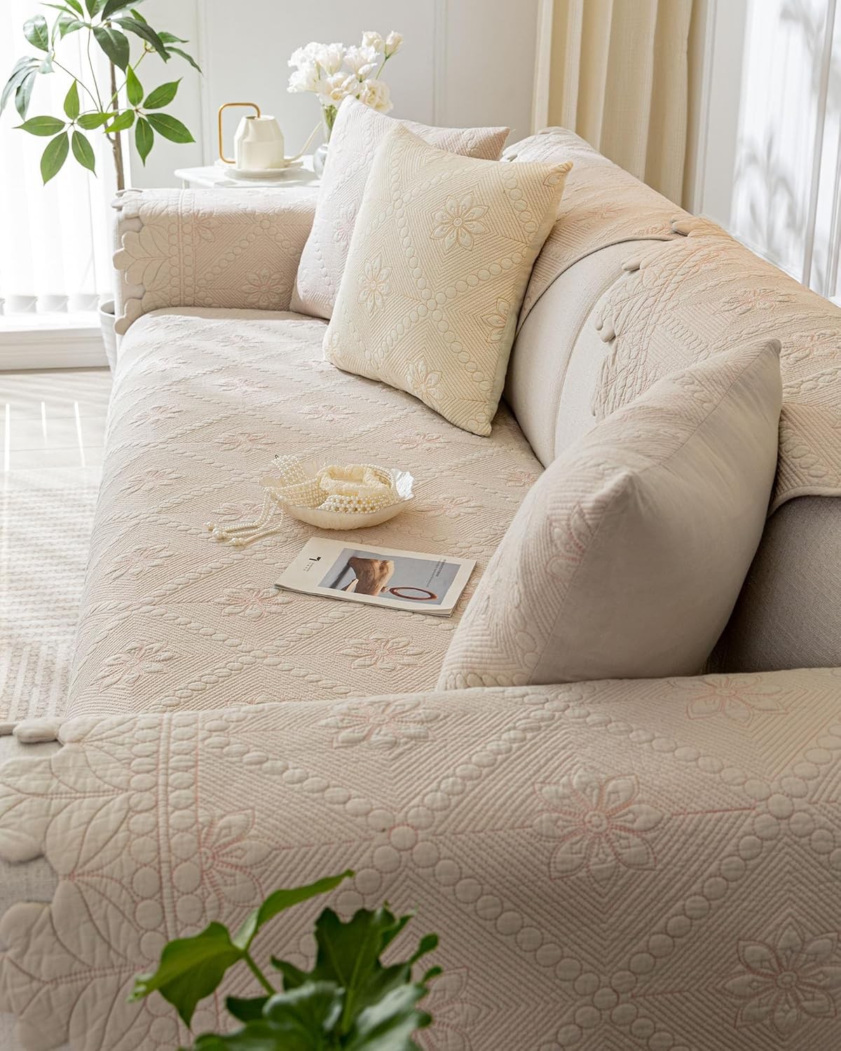 Cotton Quilted Dog Couch Cover for Sofa Farmhouse Rustic Embroidery Sectional