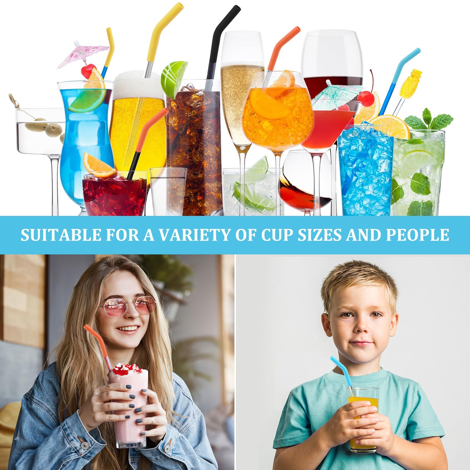 12PCS Silicone Straw Tips Multicolor small, black, orange, blue, yellow